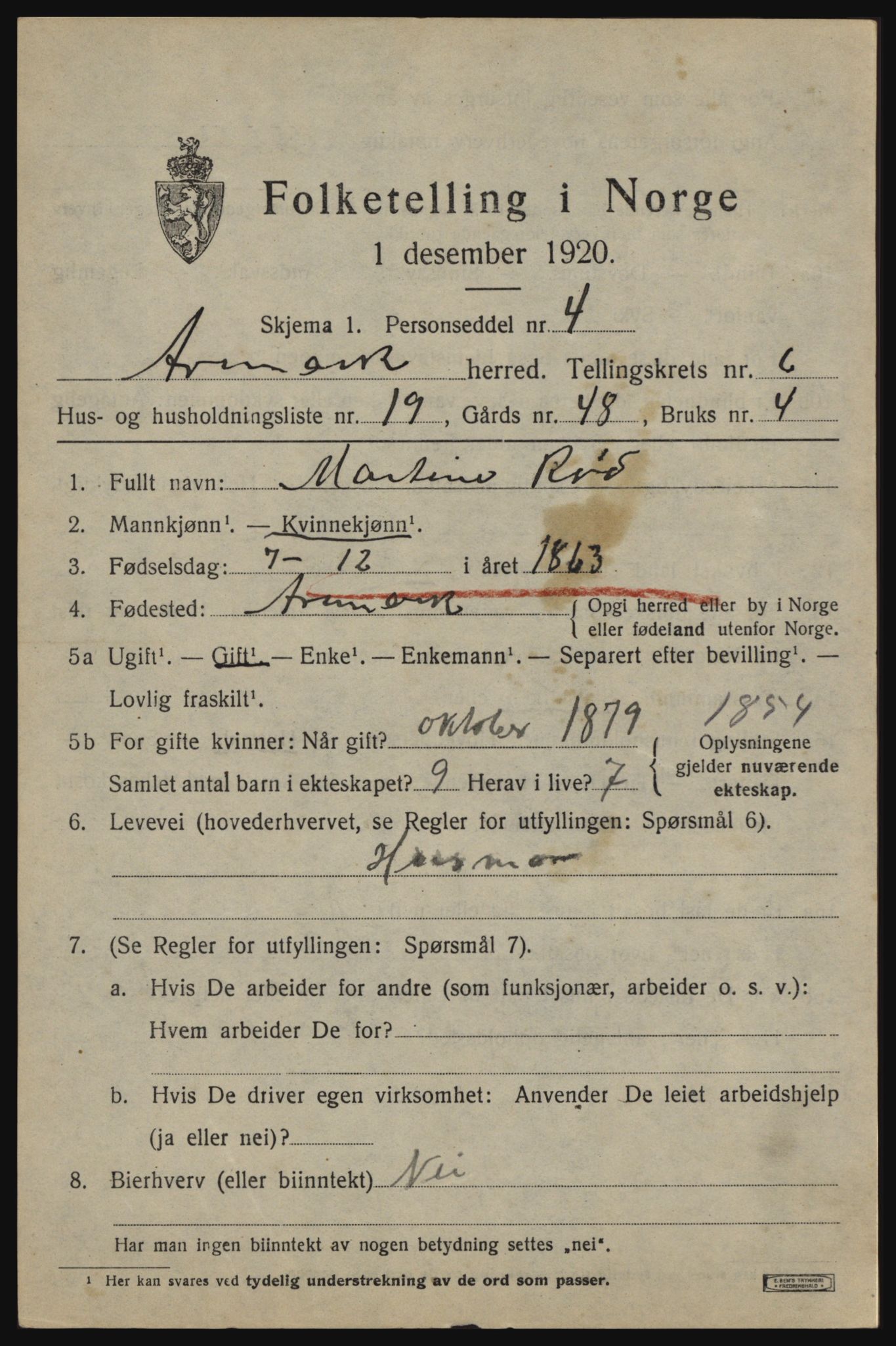 SAO, 1920 census for Aremark, 1920, p. 3939