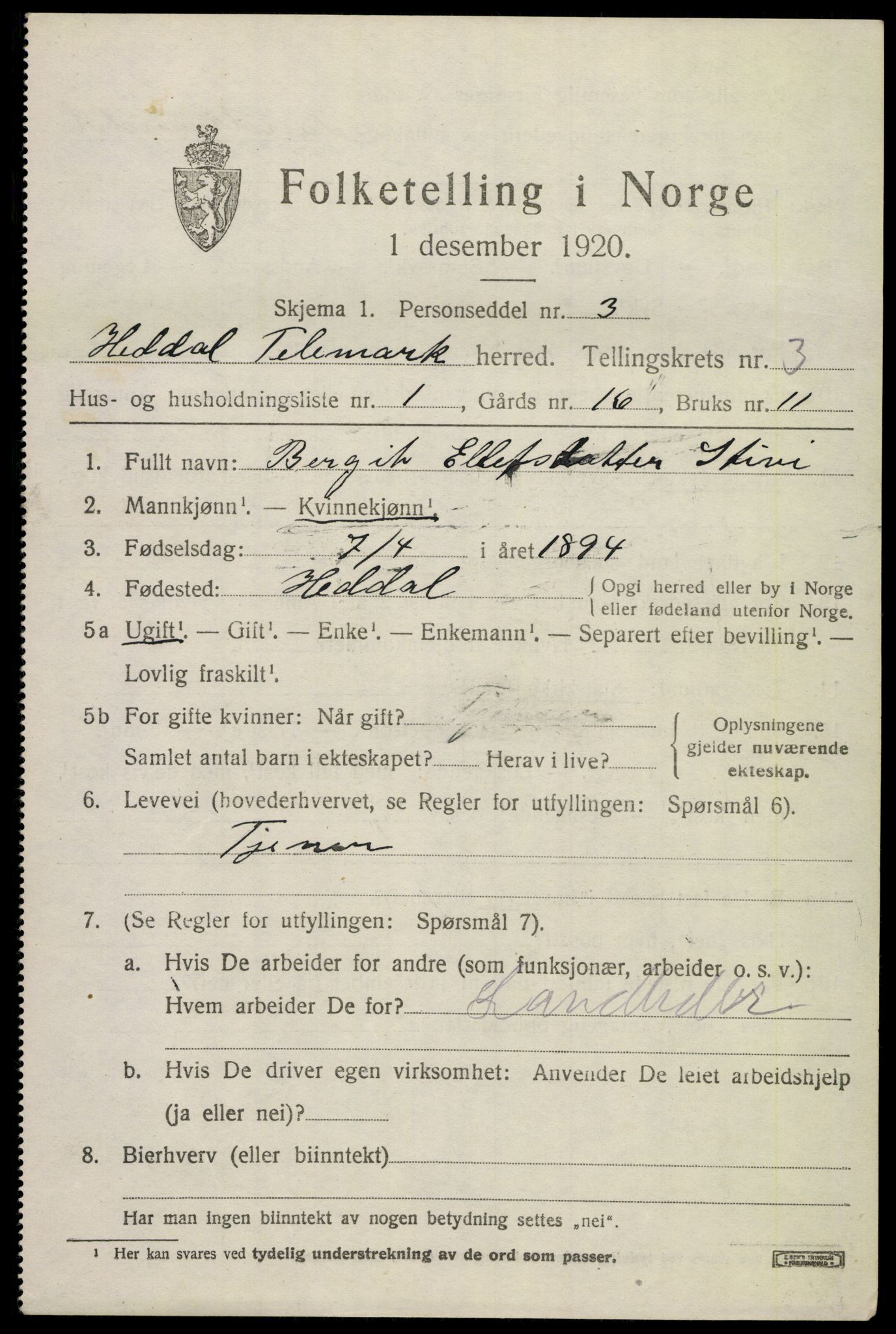 SAKO, 1920 census for Heddal, 1920, p. 3650