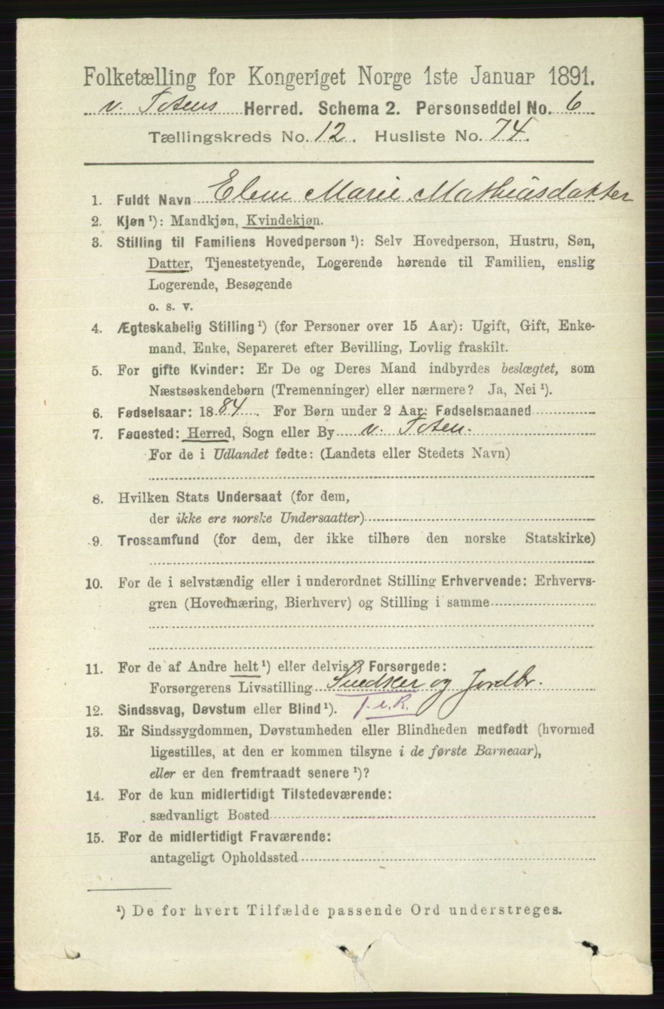 RA, 1891 census for 0529 Vestre Toten, 1891, p. 7698