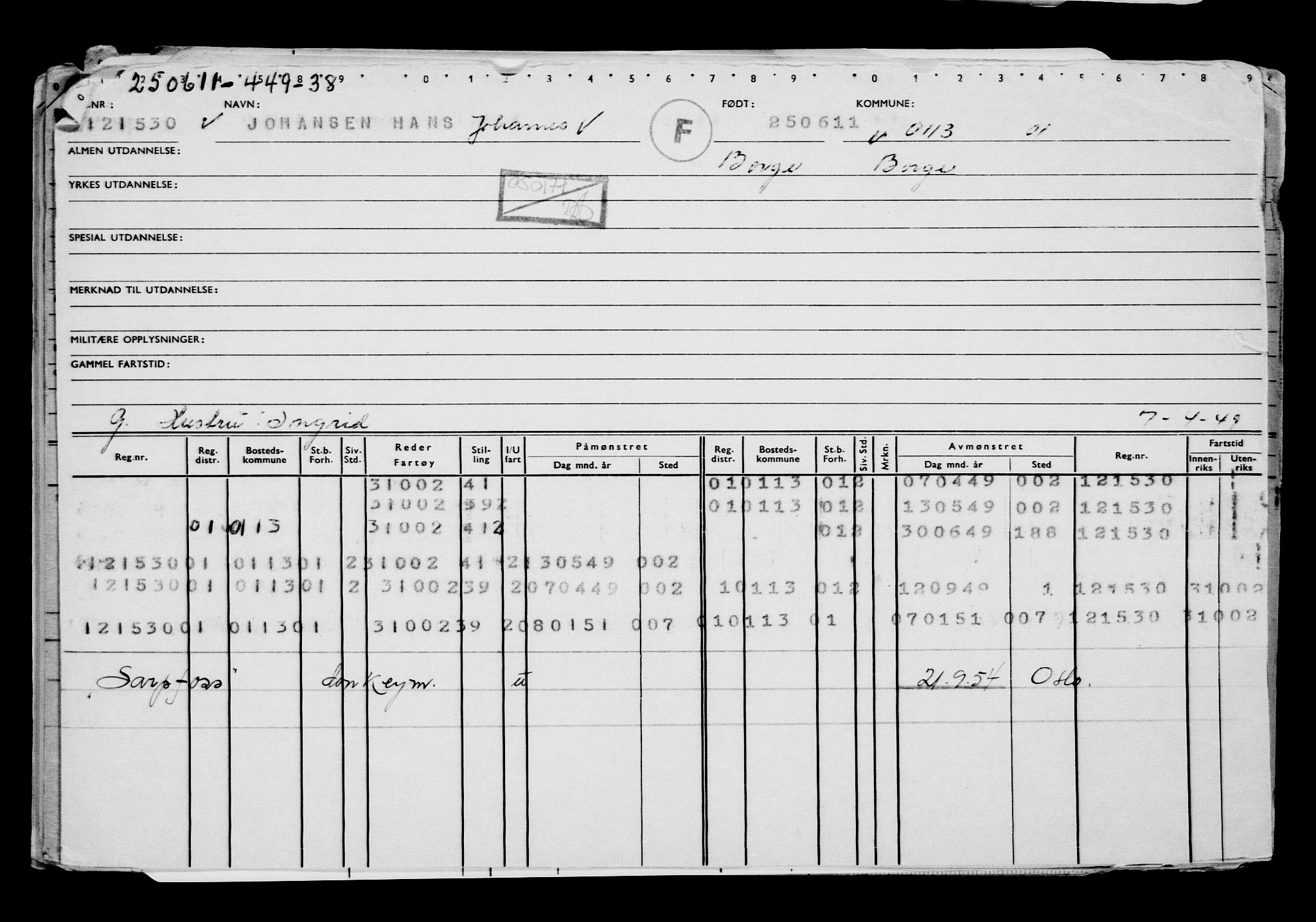 Direktoratet for sjømenn, AV/RA-S-3545/G/Gb/L0097: Hovedkort, 1911, p. 394