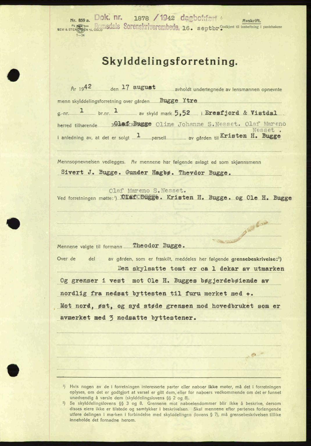 Romsdal sorenskriveri, AV/SAT-A-4149/1/2/2C: Mortgage book no. A12, 1942-1942, Diary no: : 1878/1942