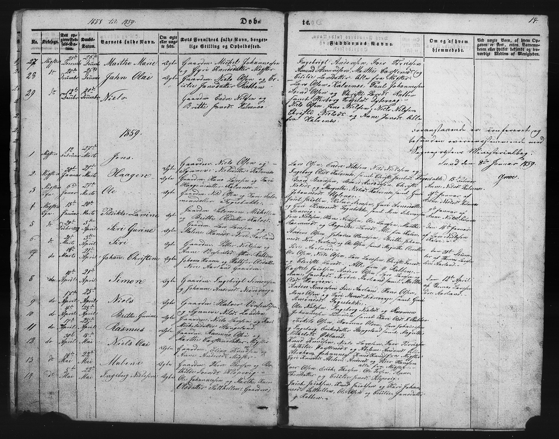 Austevoll Sokneprestembete, SAB/A-74201/H/Hab: Parish register (copy) no. B 1, 1852-1864, p. 14