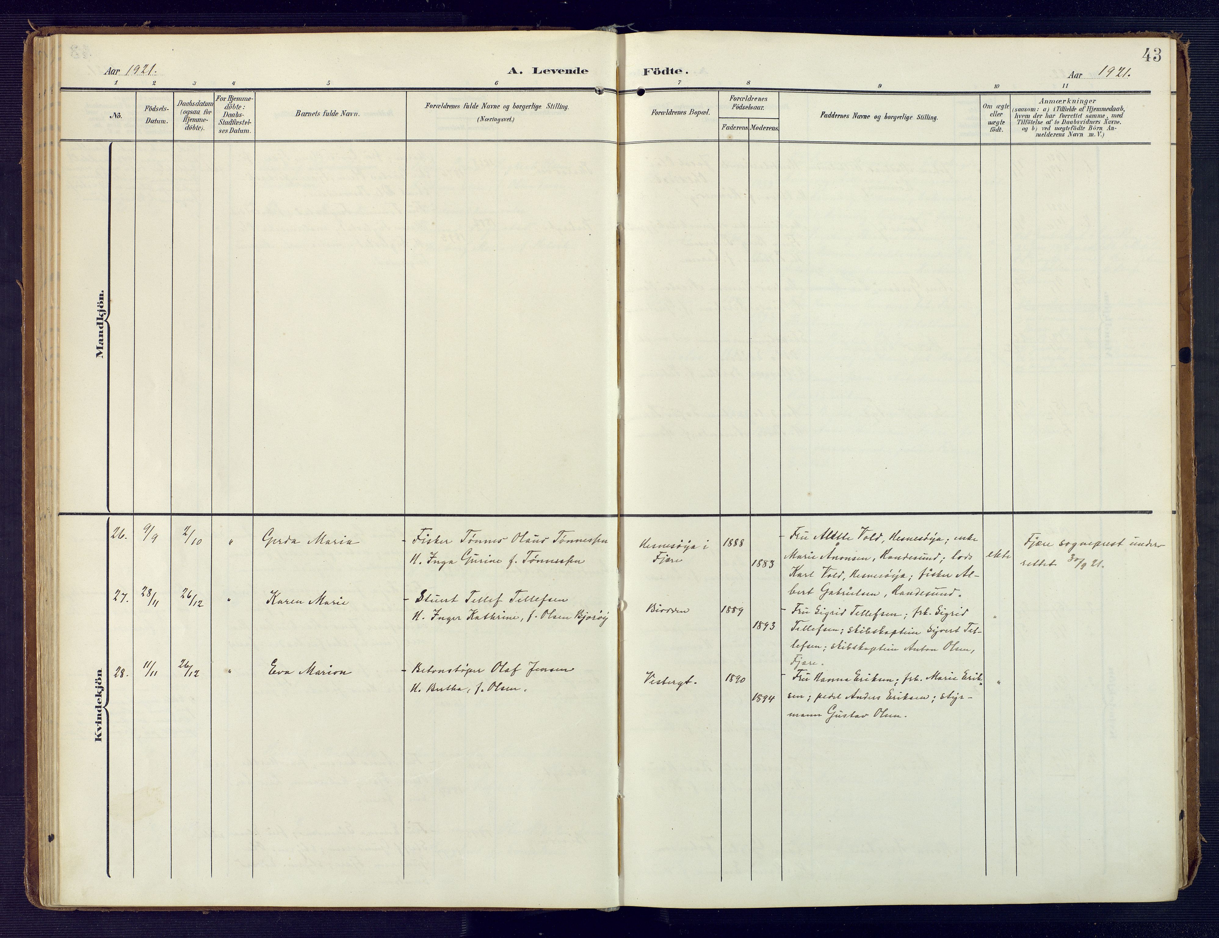 Grimstad sokneprestkontor, SAK/1111-0017/F/Fa/L0005: Parish register (official) no. A 4, 1911-1924, p. 43