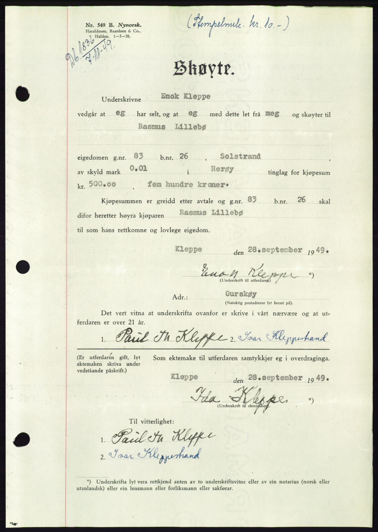 Søre Sunnmøre sorenskriveri, AV/SAT-A-4122/1/2/2C/L0085: Mortgage book no. 11A, 1949-1949, Diary no: : 1836/1949