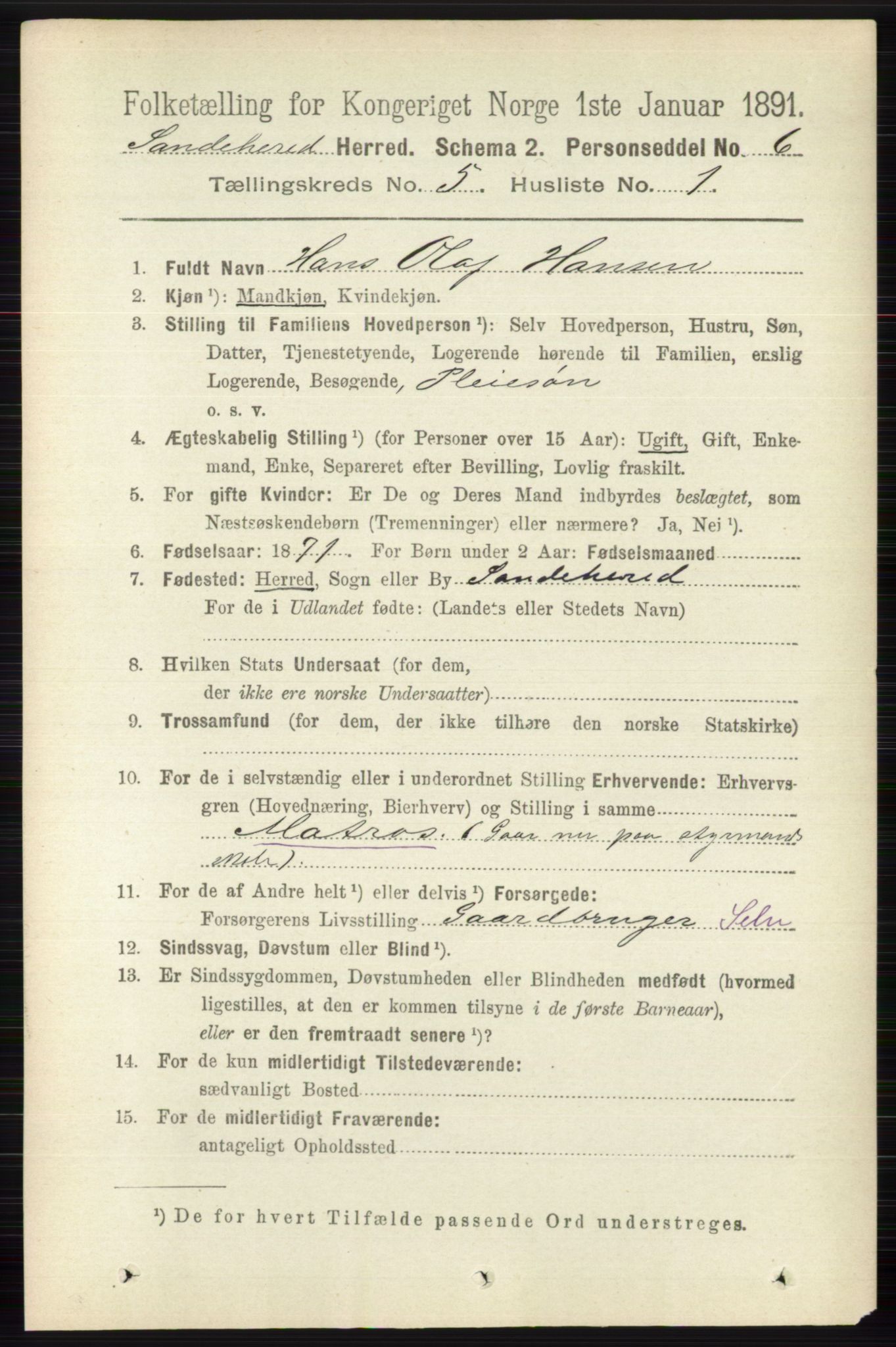 RA, 1891 census for 0724 Sandeherred, 1891, p. 2829