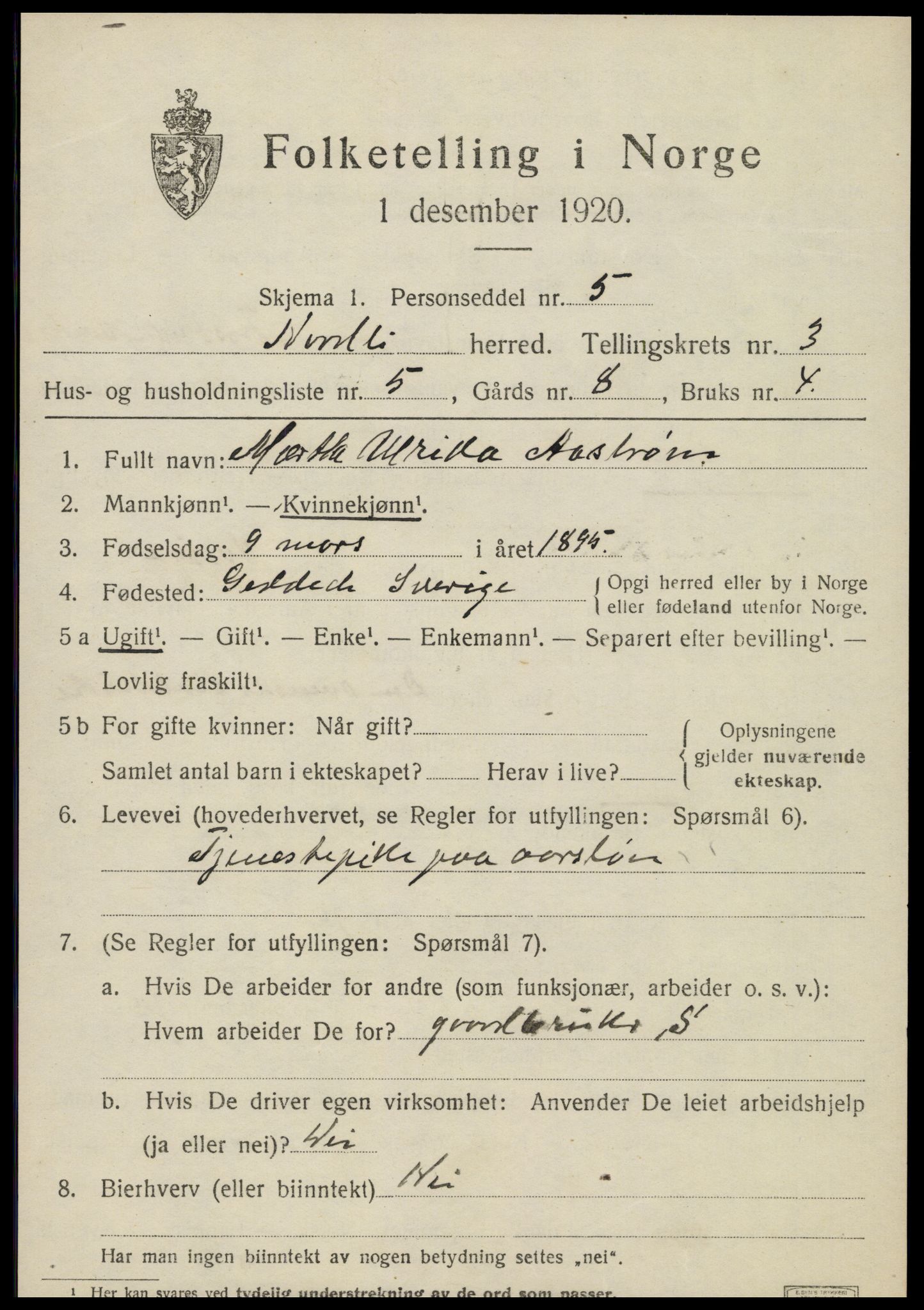 SAT, 1920 census for Nordli, 1920, p. 1457