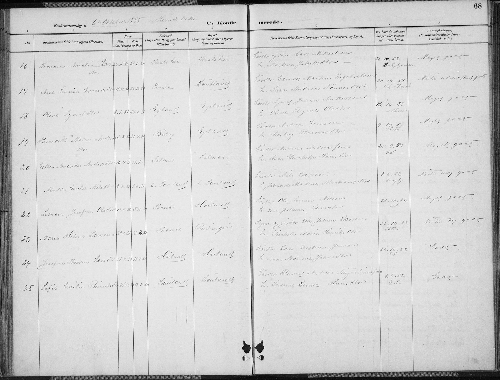 Herad sokneprestkontor, AV/SAK-1111-0018/F/Fa/Faa/L0006: Parish register (official) no. A 6, 1887-1907, p. 68