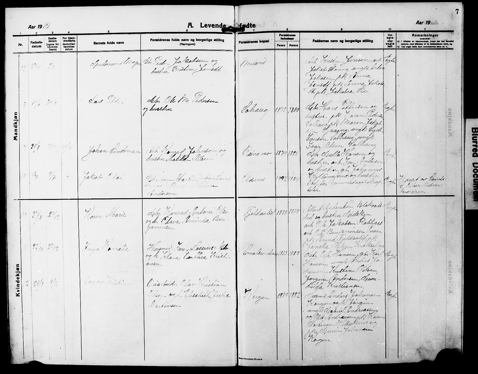 Ministerialprotokoller, klokkerbøker og fødselsregistre - Nordland, AV/SAT-A-1459/826/L0384: Parish register (copy) no. 826C04, 1914-1917, p. 7