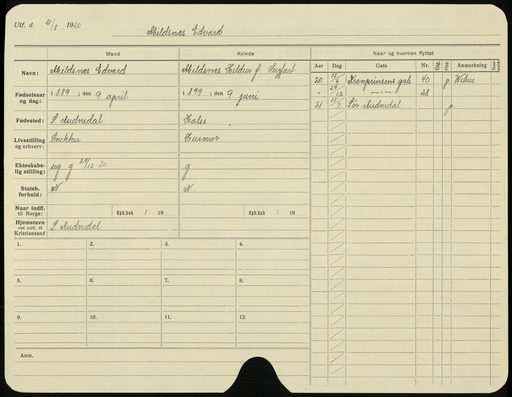 Kristiansand folkeregister, AV/SAK-1341-0030/H/L0005: Utflyttet, A-Å, 1921