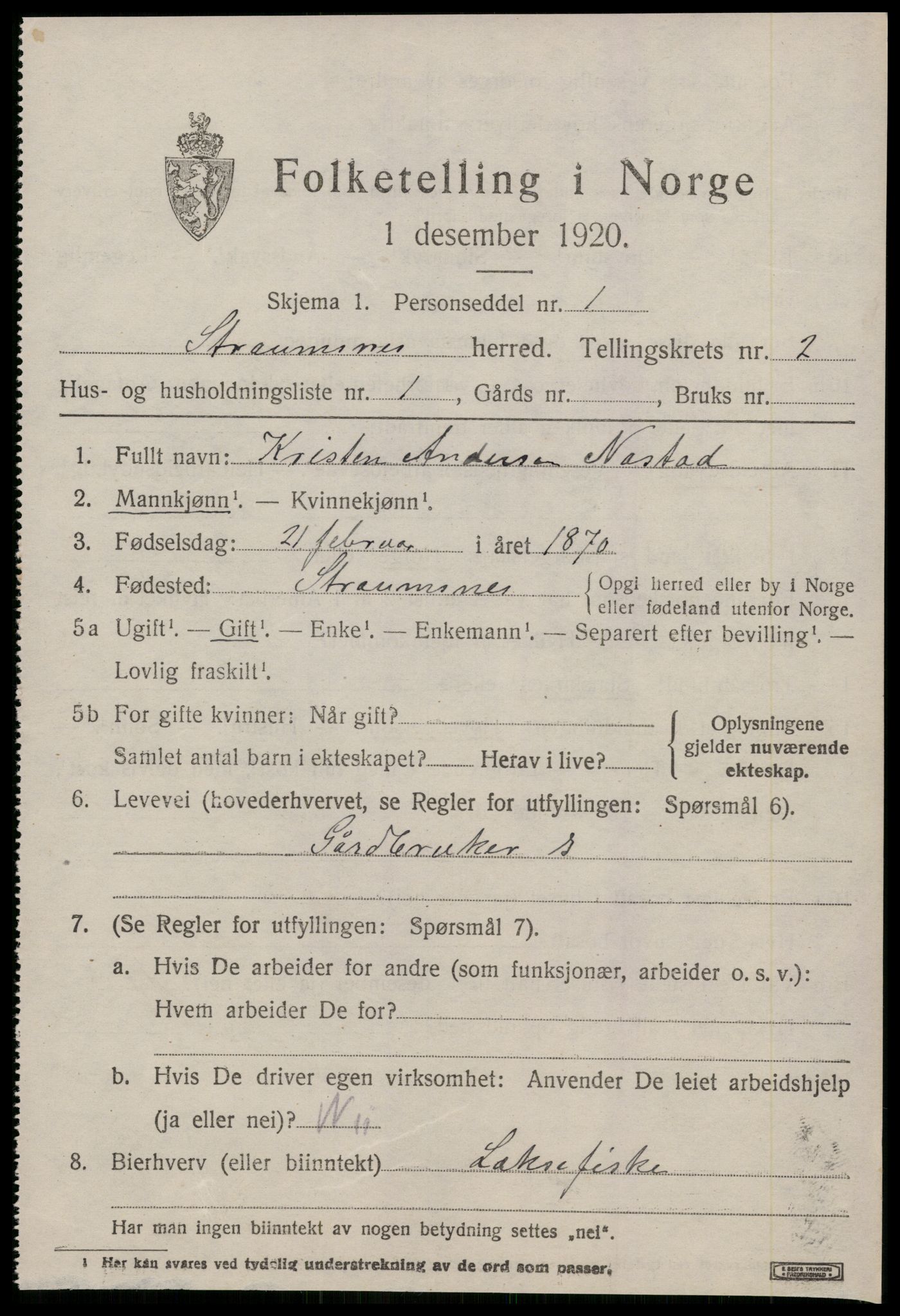 SAT, 1920 census for Straumsnes, 1920, p. 855