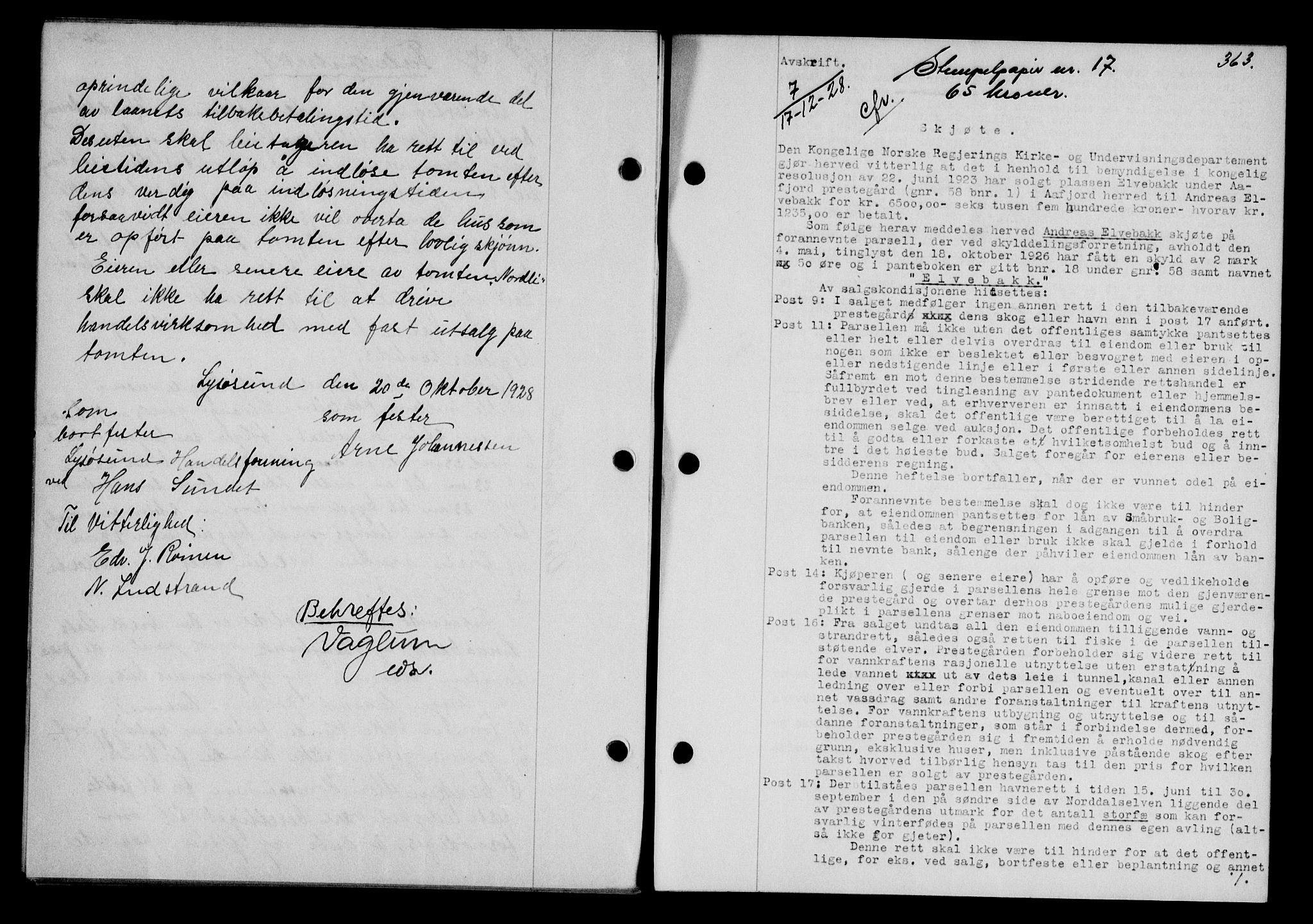 Fosen sorenskriveri, SAT/A-1107/1/2/2C/L0067: Mortgage book no. 58, 1928-1929, p. 363, Deed date: 17.12.1928