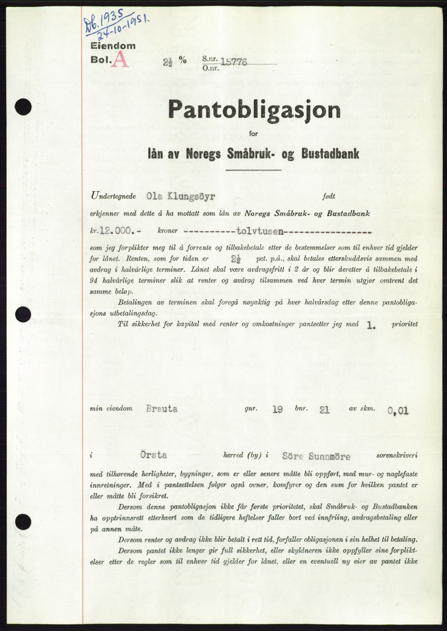 Søre Sunnmøre sorenskriveri, AV/SAT-A-4122/1/2/2C/L0120: Mortgage book no. 8B, 1951-1951, Diary no: : 1935/1951