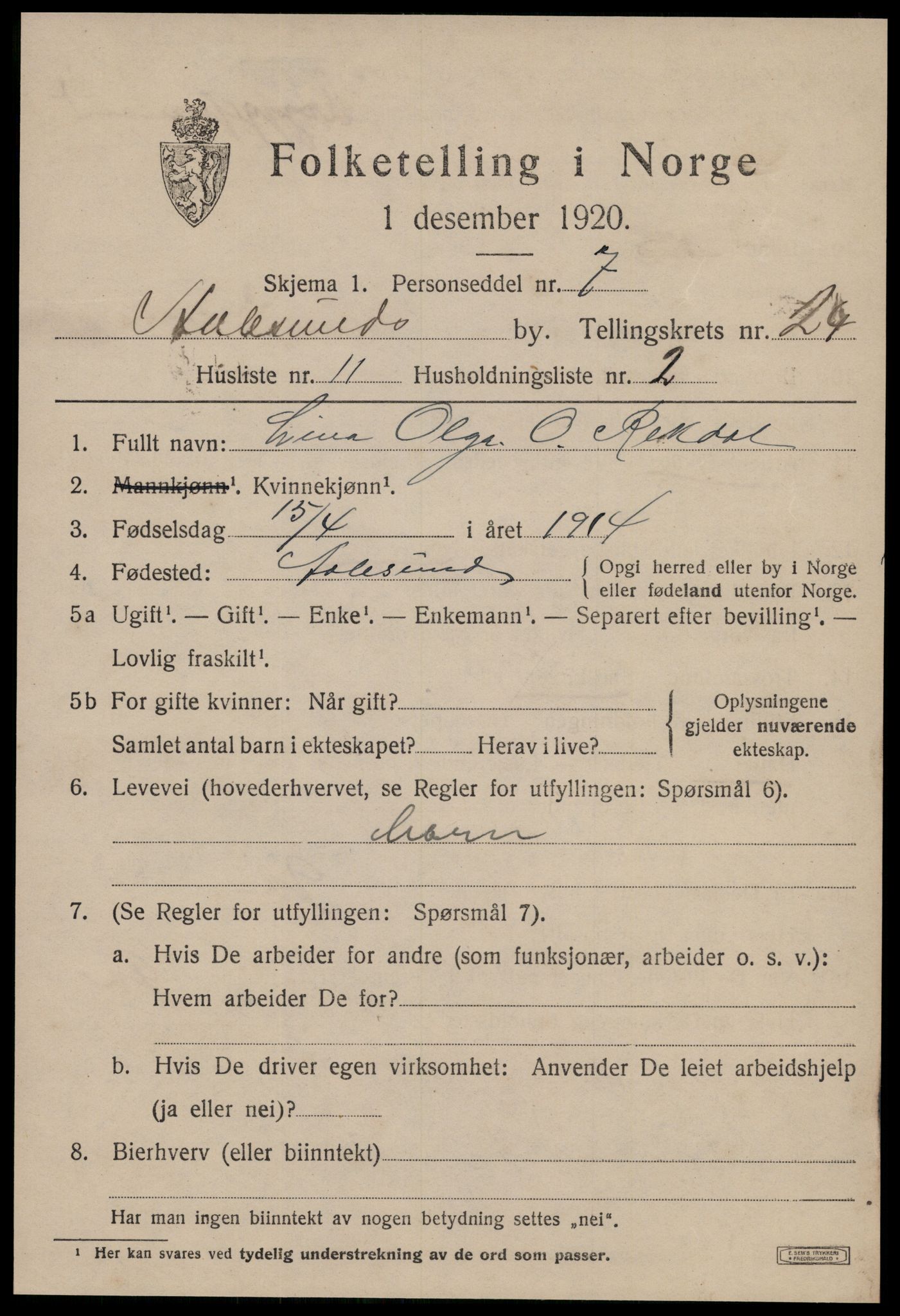 SAT, 1920 census for Ålesund, 1920, p. 43240