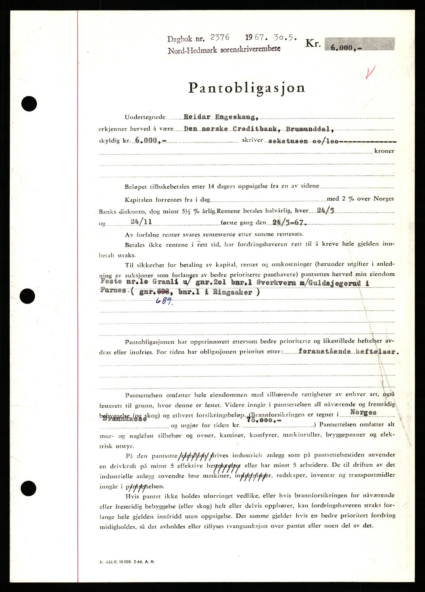 Nord-Hedmark sorenskriveri, SAH/TING-012/H/Hb/Hbf/L0071: Mortgage book no. B71, 1967-1967, Diary no: : 2376/1967
