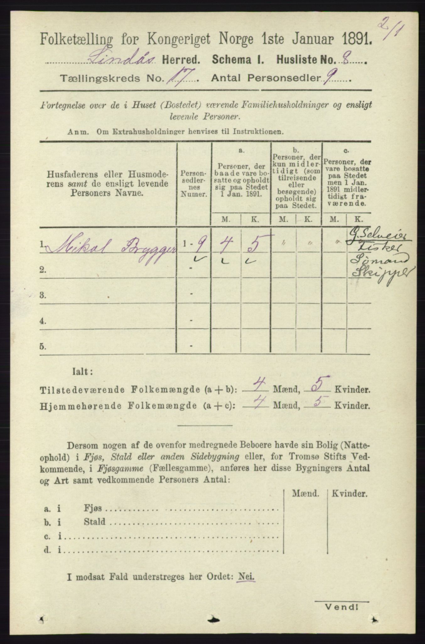 RA, 1891 census for 1263 Lindås, 1891, p. 6089