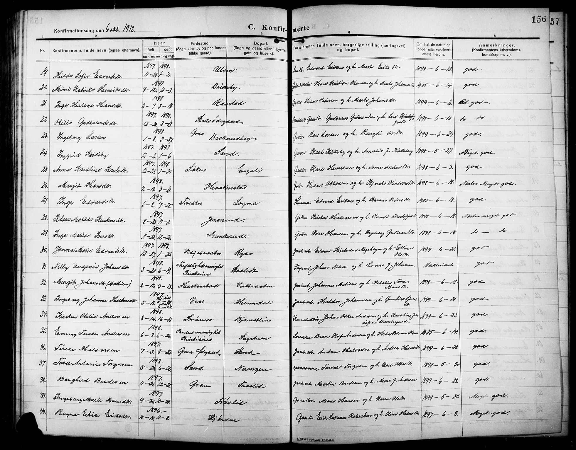 Lunner prestekontor, AV/SAH-PREST-118/H/Ha/Hab/L0001: Parish register (copy) no. 1, 1909-1922, p. 156