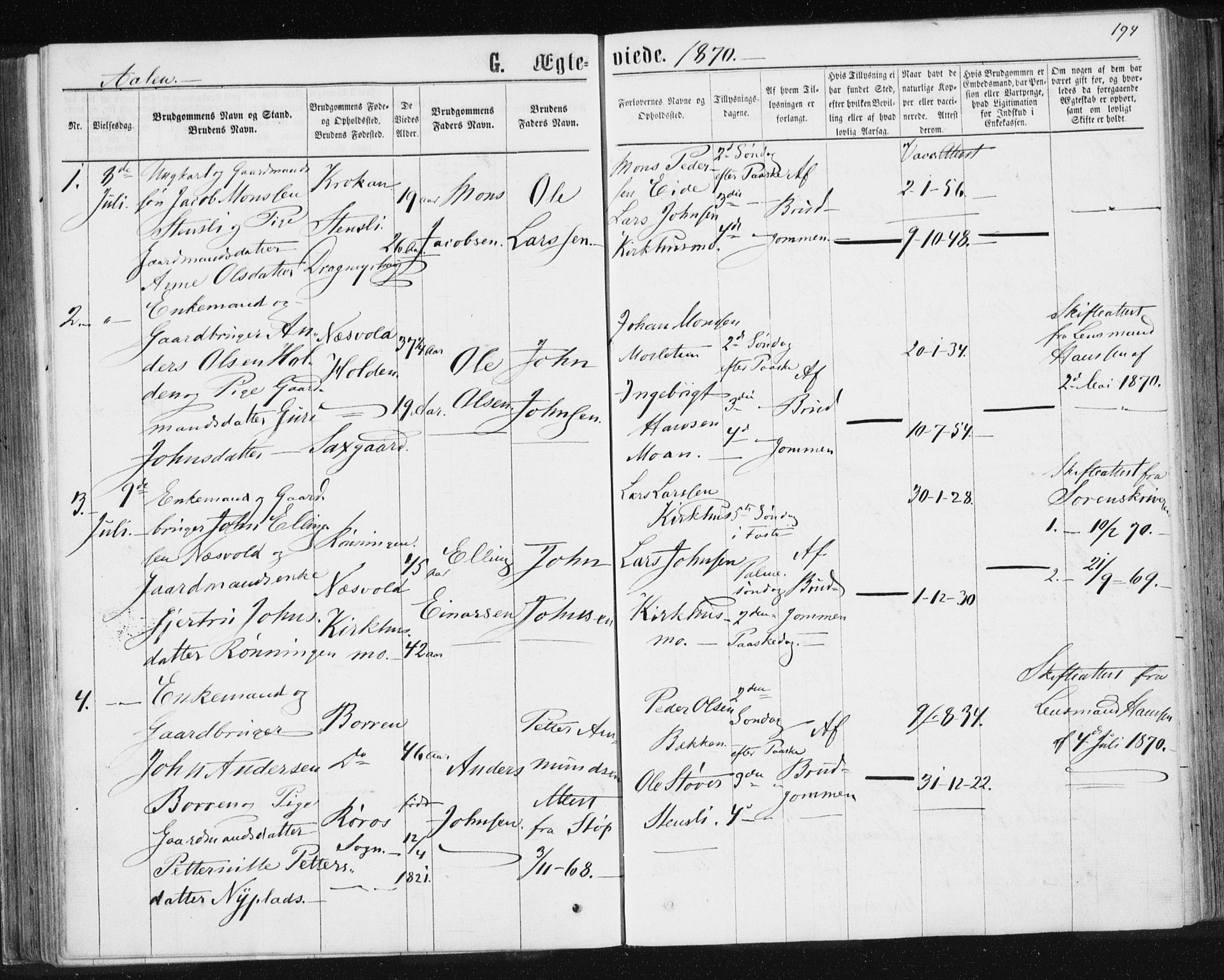 Ministerialprotokoller, klokkerbøker og fødselsregistre - Sør-Trøndelag, SAT/A-1456/685/L0971: Parish register (official) no. 685A08 /3, 1870-1879, p. 194