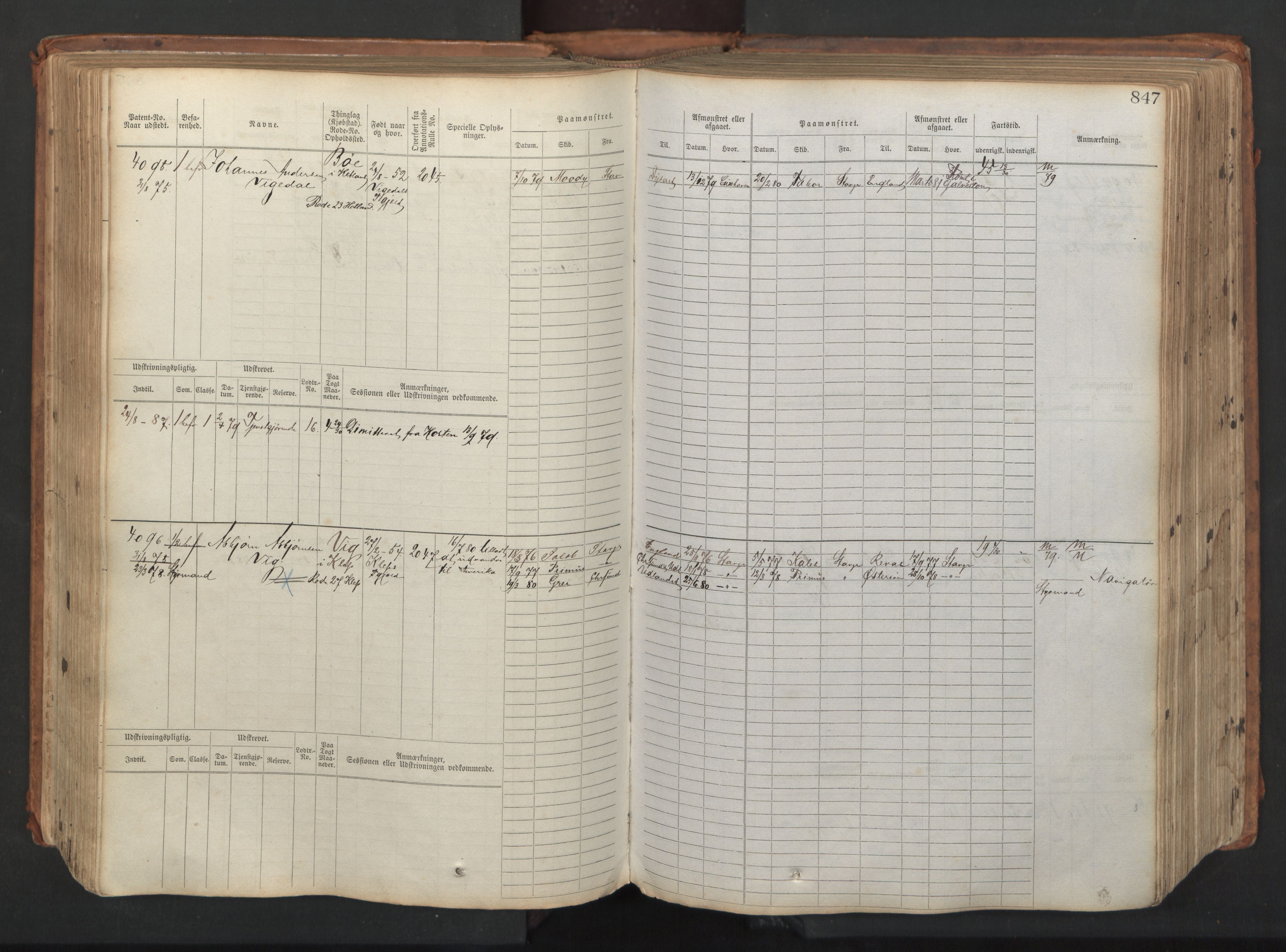 Stavanger sjømannskontor, AV/SAST-A-102006/F/Fb/Fbb/L0008: Sjøfartshovedrulle, patentnr. 3605-4804, 1873, p. 288