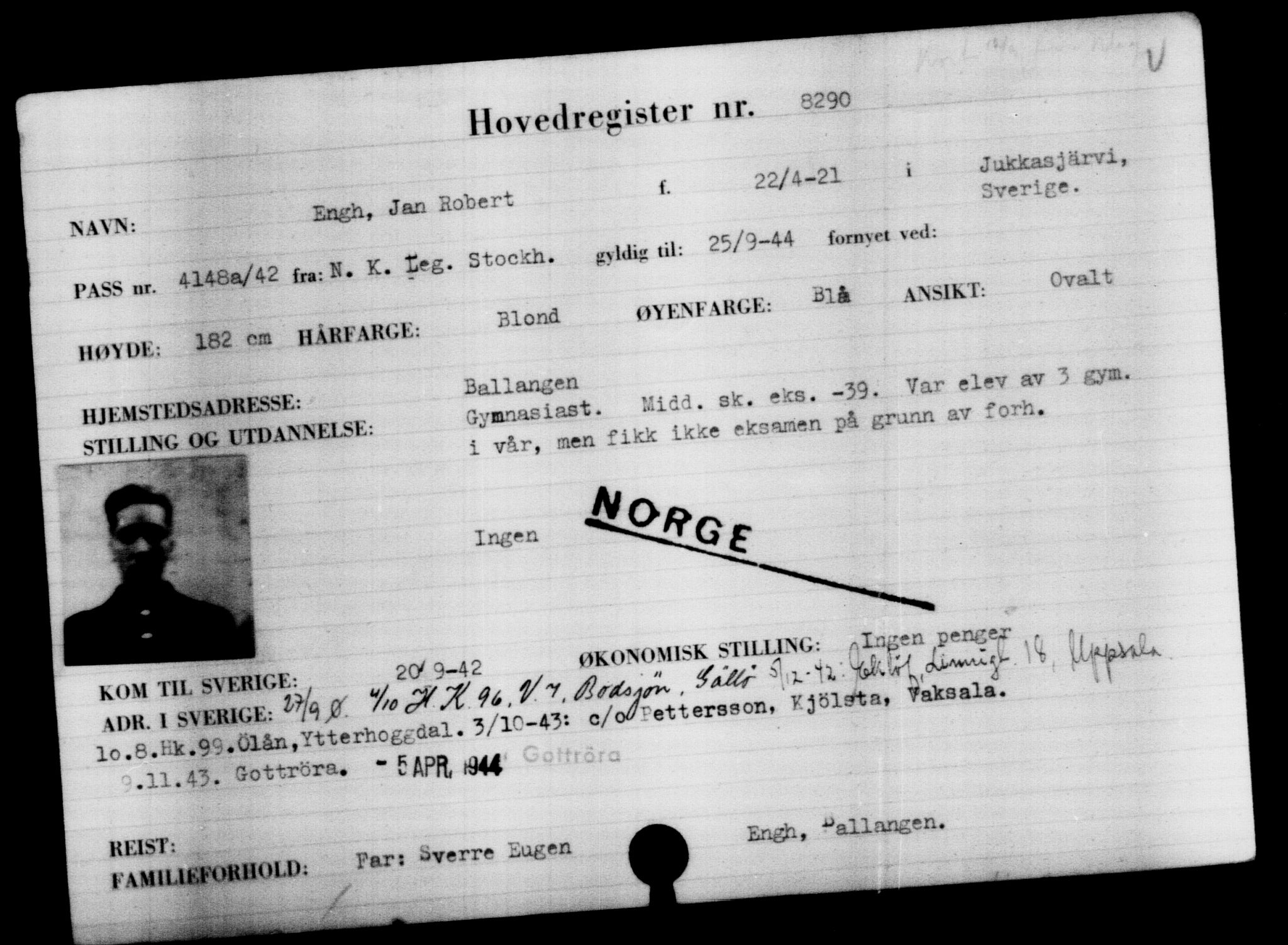 Utenriksstasjonene, Legasjonen i Stockholm, Flyktningkontoret, AV/RA-S-6753/V/Va/L0005: Kjesäterkartoteket, flyktninger med registreringsnr. 6600-9417, 1940-1945, p. 1963
