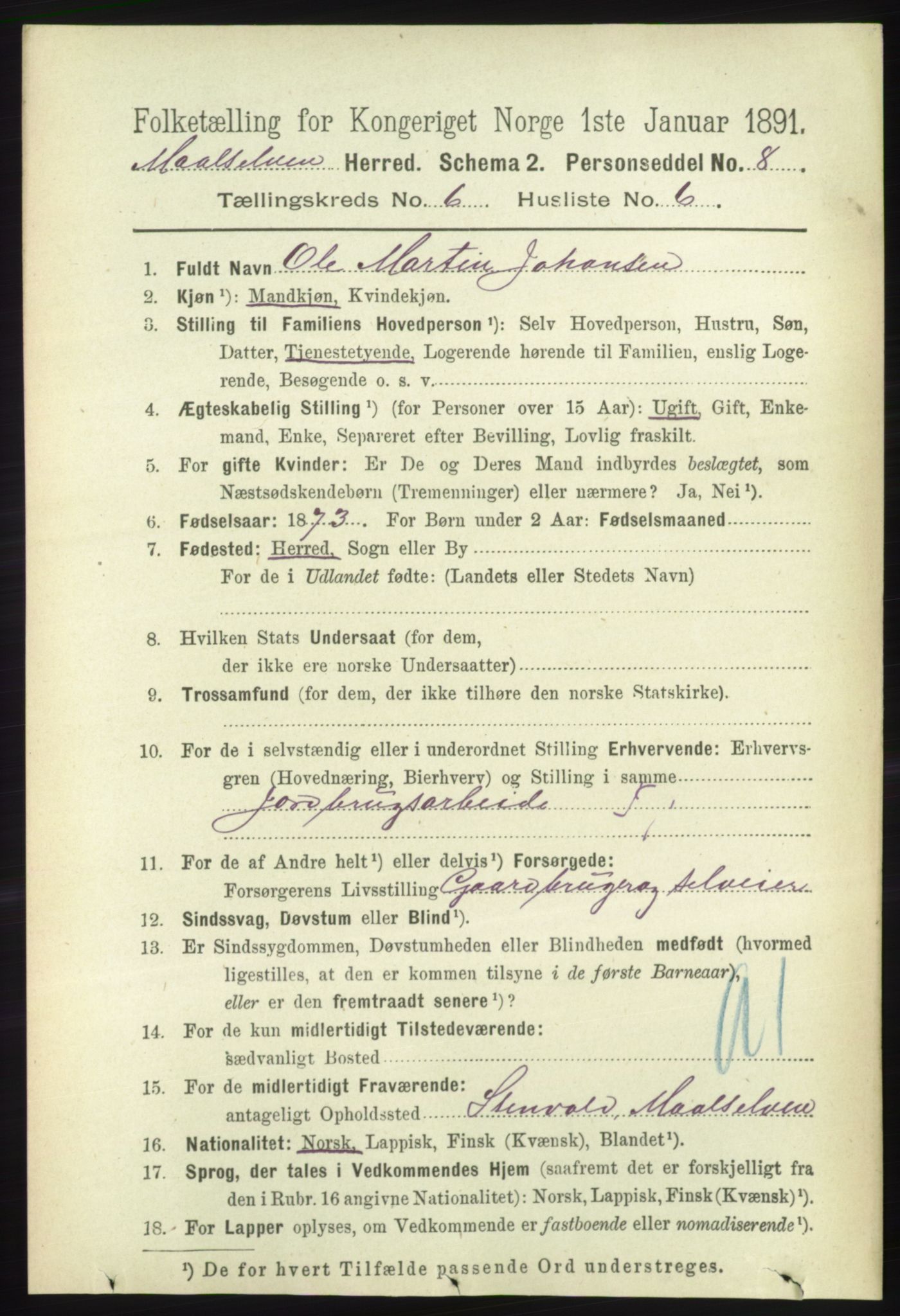 RA, 1891 census for 1924 Målselv, 1891, p. 2079