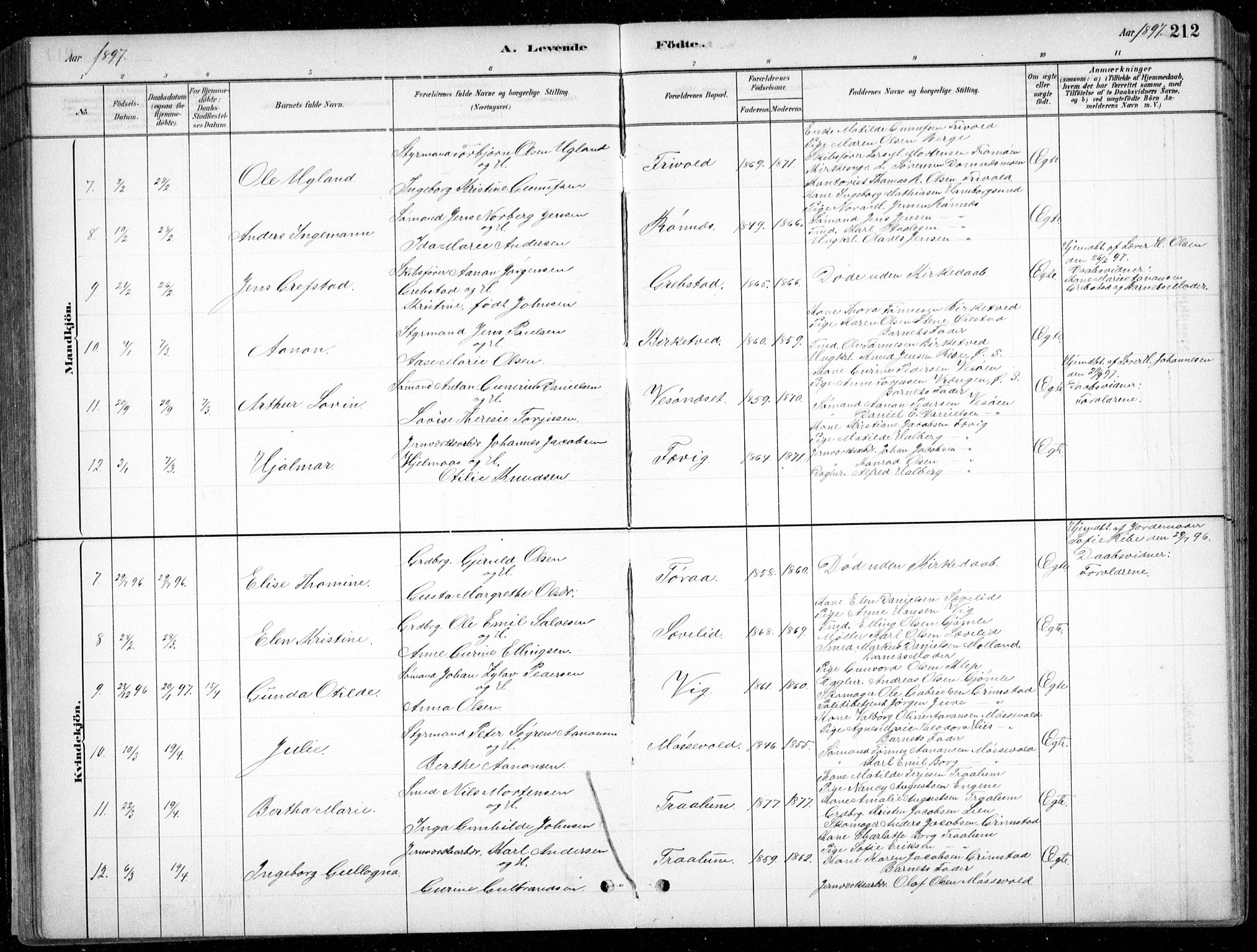 Fjære sokneprestkontor, AV/SAK-1111-0011/F/Fb/L0011: Parish register (copy) no. B 11, 1881-1905, p. 212