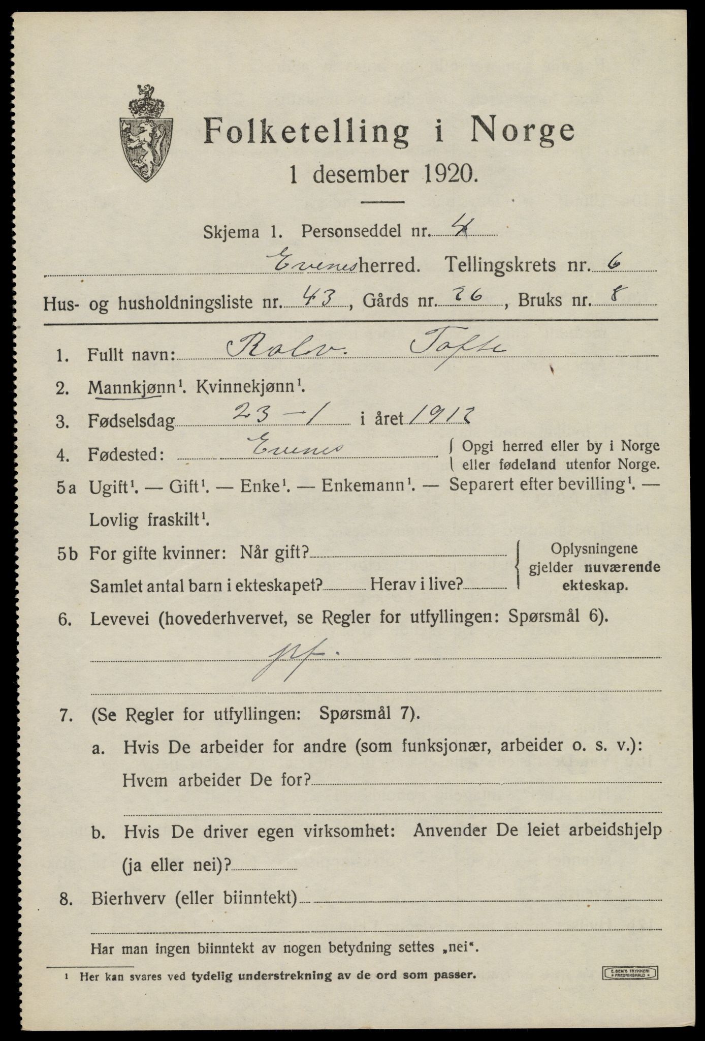 SAT, 1920 census for Evenes, 1920, p. 6018