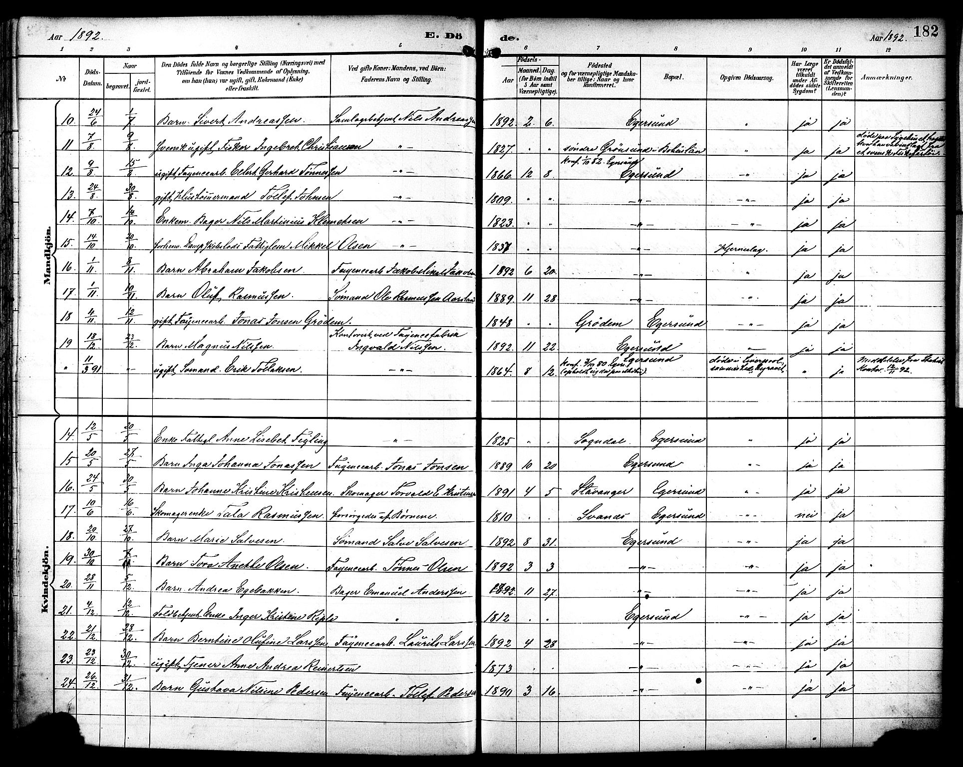 Eigersund sokneprestkontor, SAST/A-101807/S08/L0019: Parish register (official) no. A 18, 1892-1905, p. 182