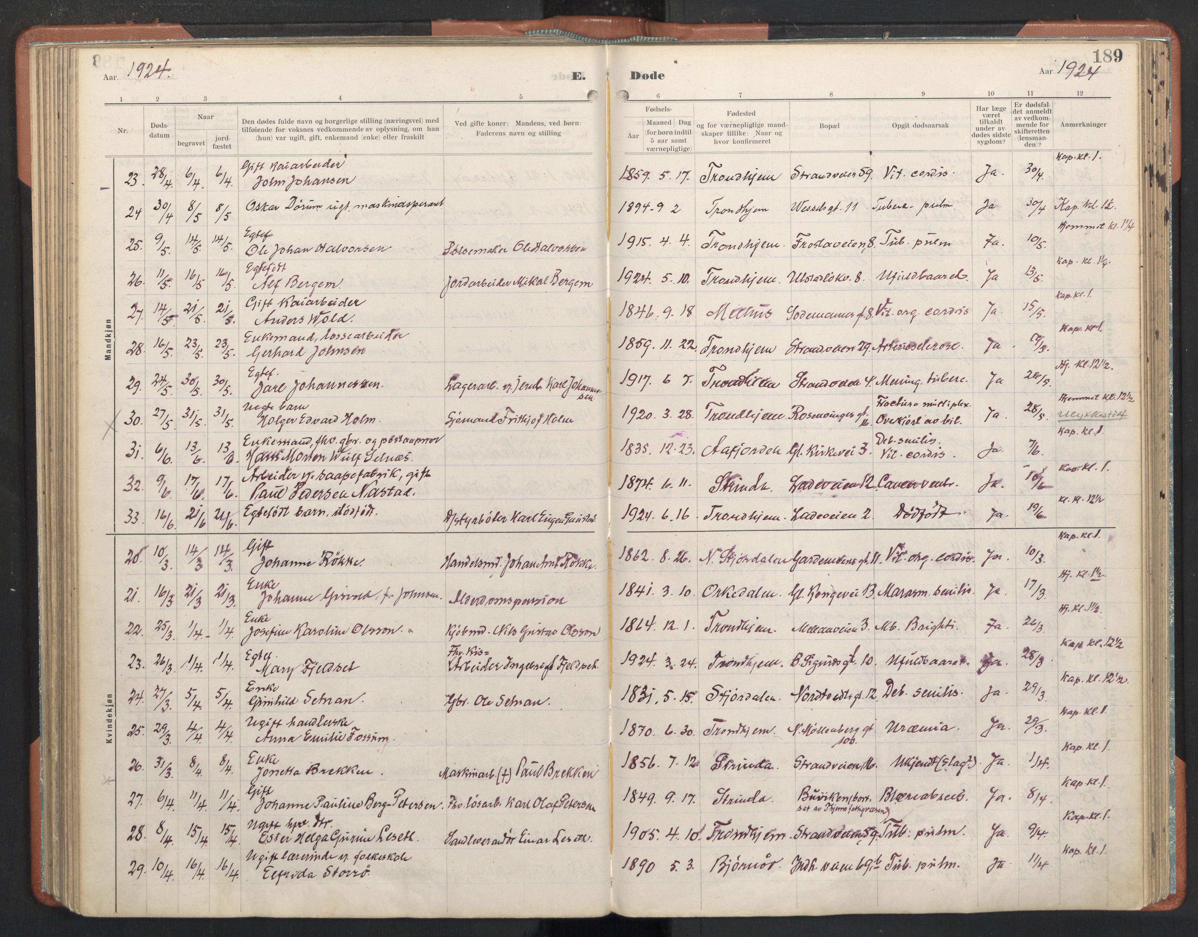 Ministerialprotokoller, klokkerbøker og fødselsregistre - Sør-Trøndelag, AV/SAT-A-1456/605/L0245: Parish register (official) no. 605A07, 1916-1938, p. 189