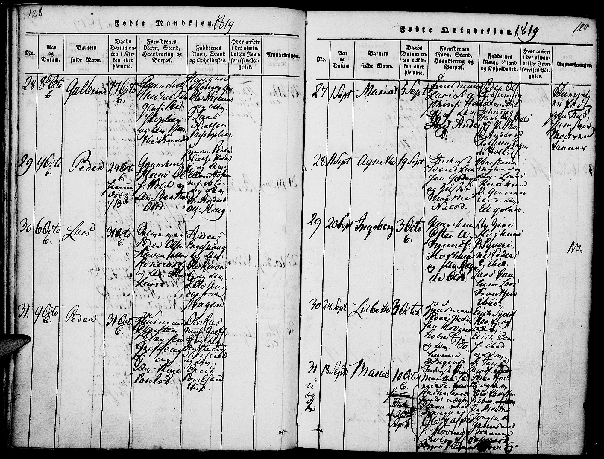 Nes prestekontor, Hedmark, AV/SAH-PREST-020/K/Ka/L0002: Parish register (official) no. 2, 1813-1827, p. 128-129