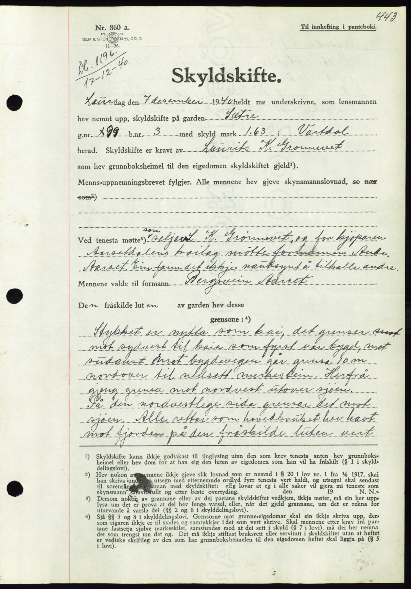 Søre Sunnmøre sorenskriveri, AV/SAT-A-4122/1/2/2C/L0070: Mortgage book no. 64, 1940-1941, Diary no: : 1196/1940