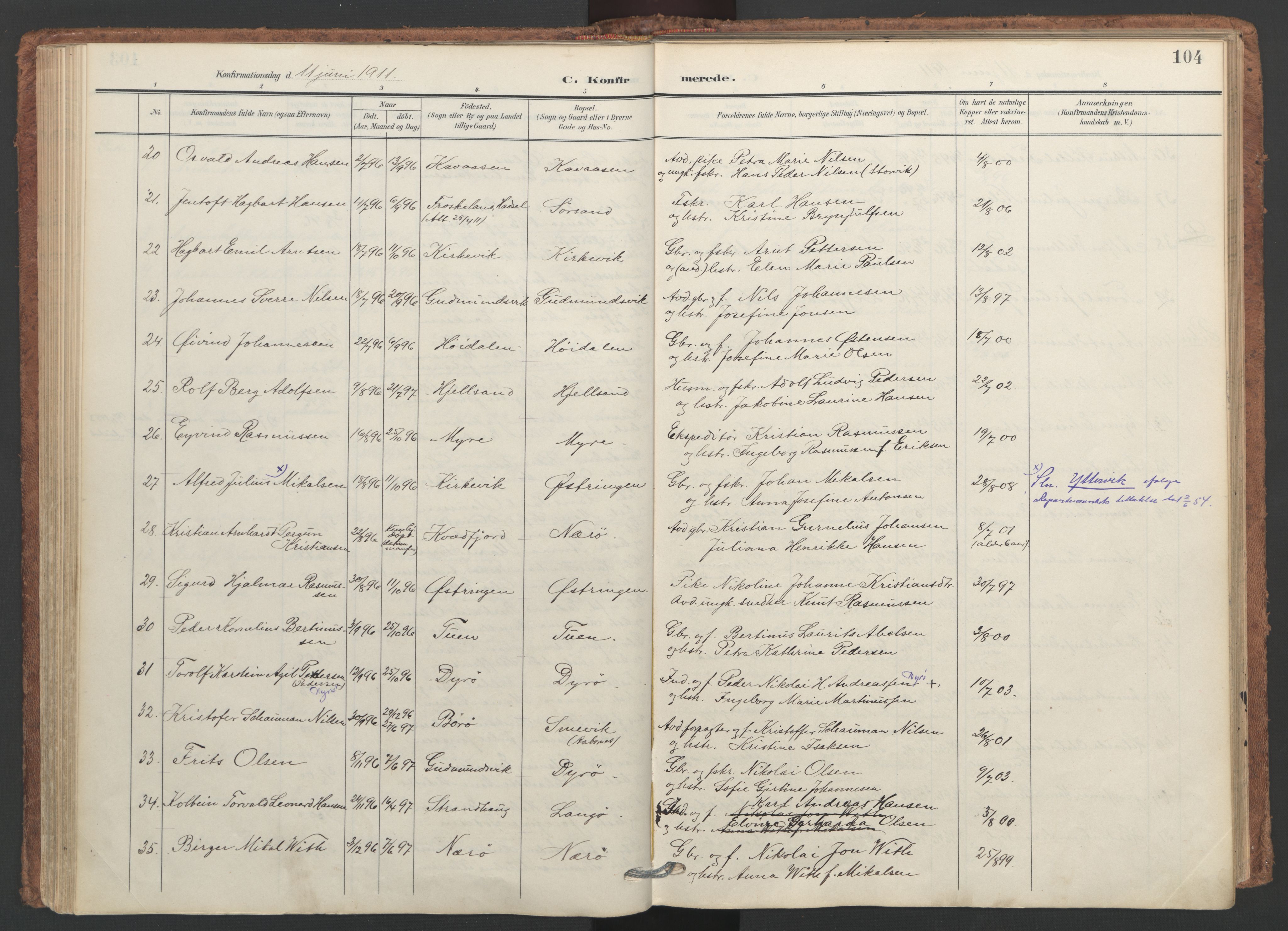 Ministerialprotokoller, klokkerbøker og fødselsregistre - Nordland, SAT/A-1459/893/L1339: Parish register (official) no. 893A11, 1904-1914, p. 104