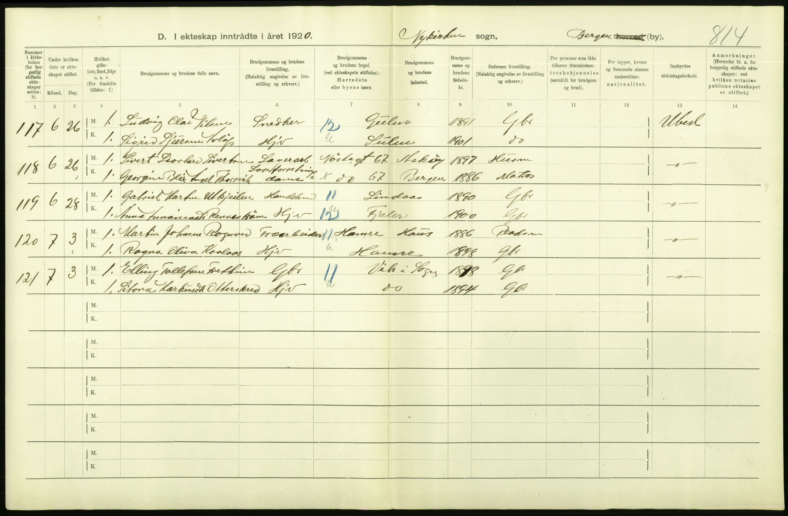 Statistisk sentralbyrå, Sosiodemografiske emner, Befolkning, AV/RA-S-2228/D/Df/Dfb/Dfbj/L0042: Bergen: Gifte, døde, dødfødte., 1920, p. 128
