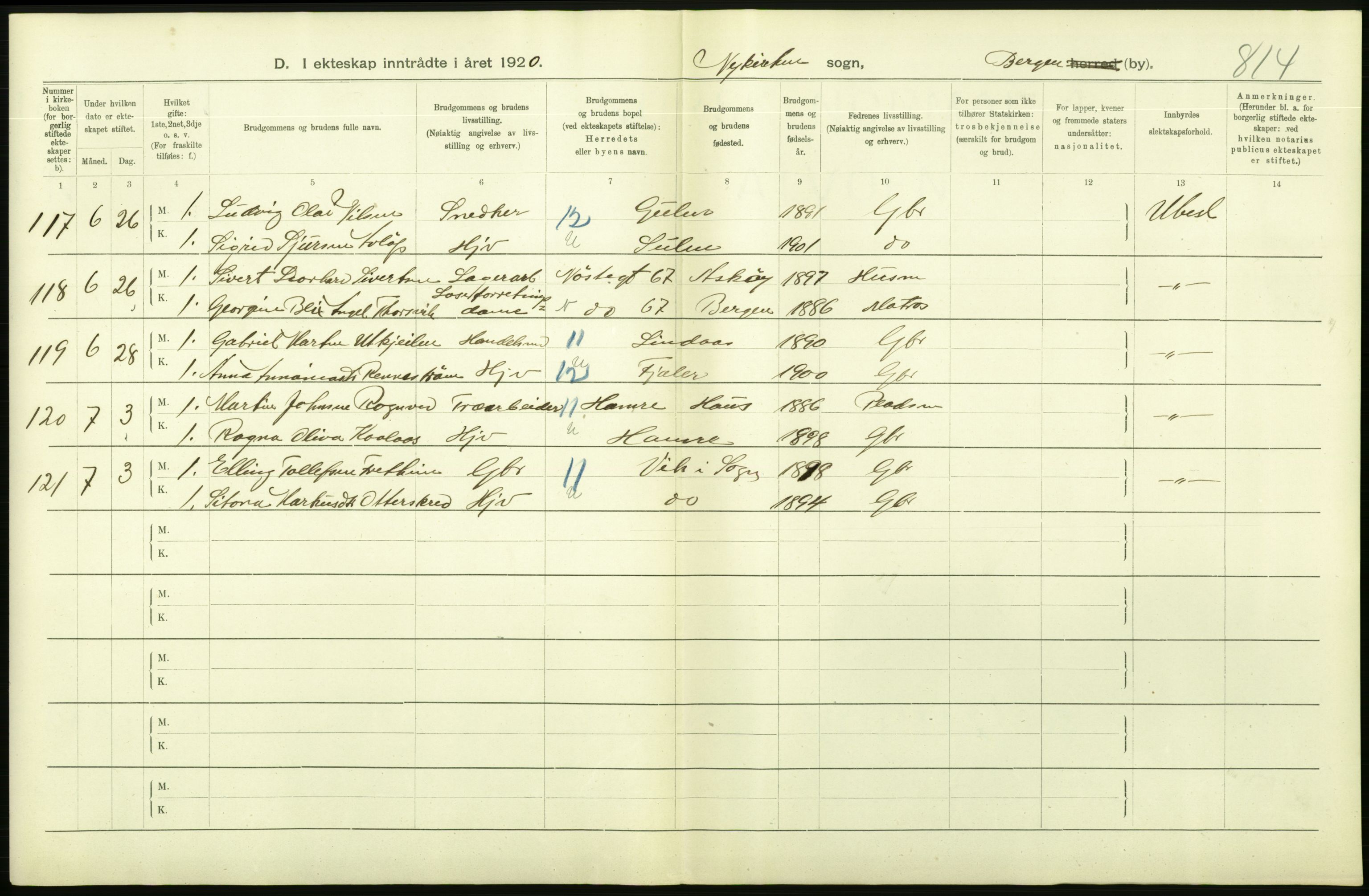 Statistisk sentralbyrå, Sosiodemografiske emner, Befolkning, AV/RA-S-2228/D/Df/Dfb/Dfbj/L0042: Bergen: Gifte, døde, dødfødte., 1920, p. 128