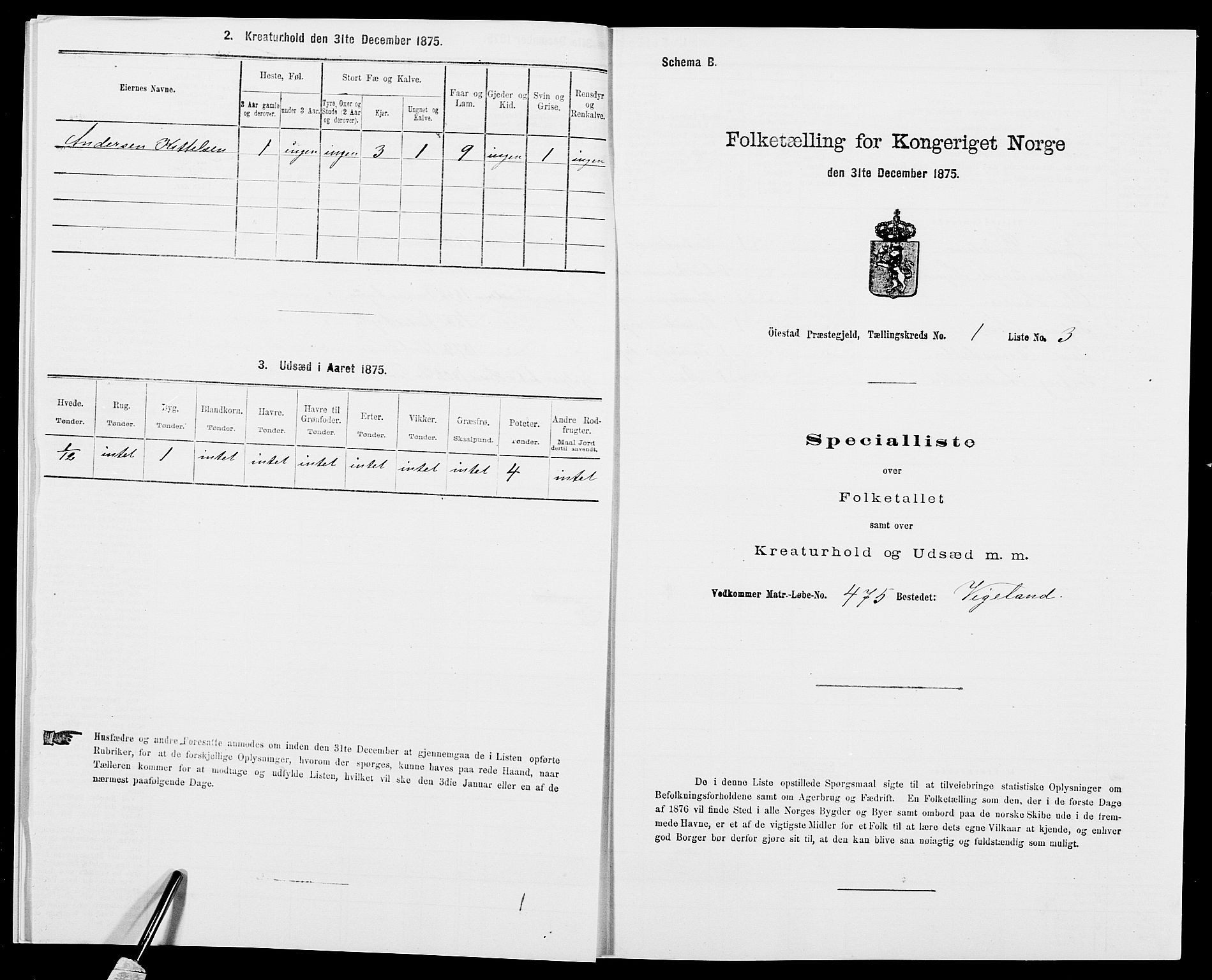 SAK, 1875 census for 0920P Øyestad, 1875, p. 62