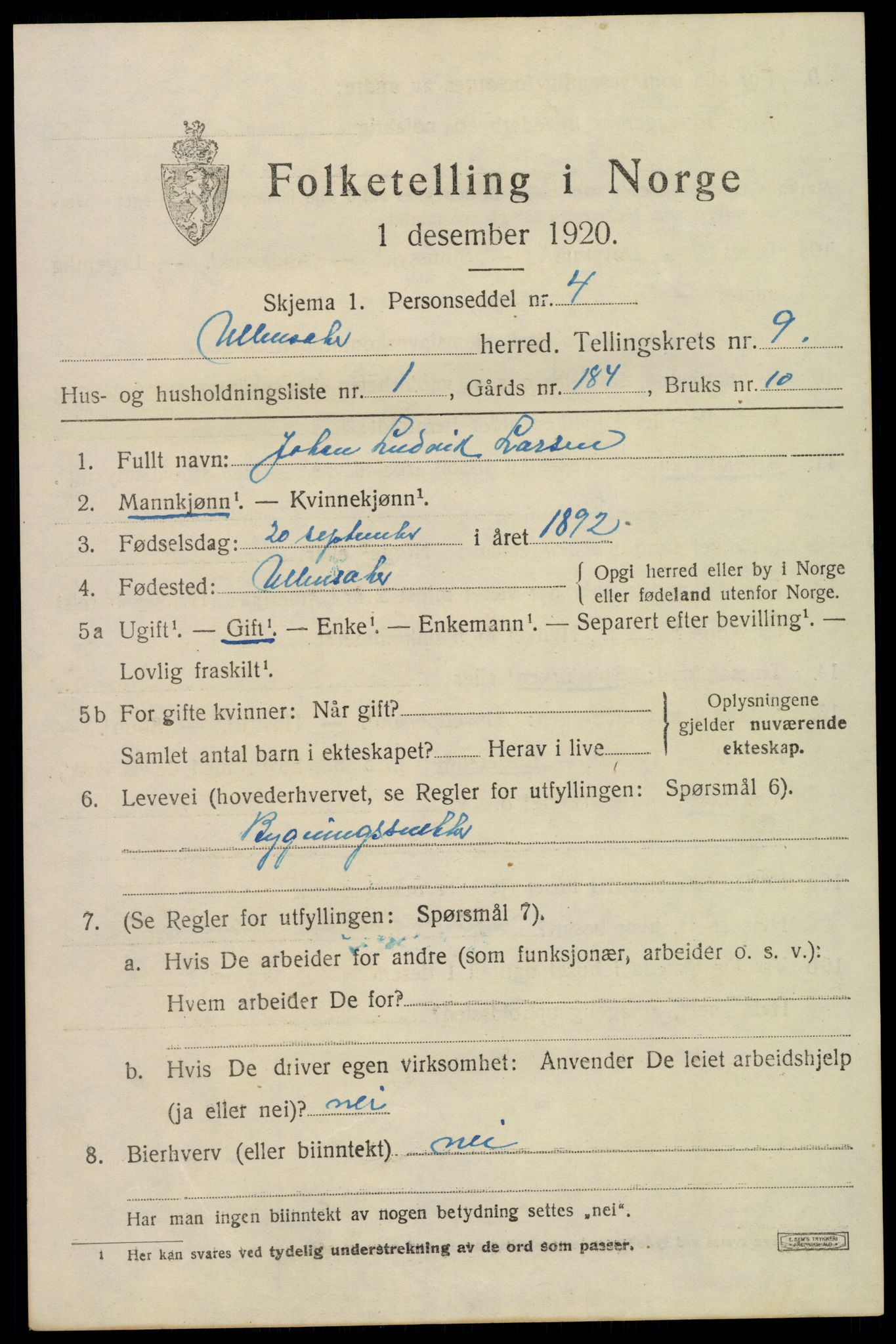 SAO, 1920 census for Ullensaker, 1920, p. 15399