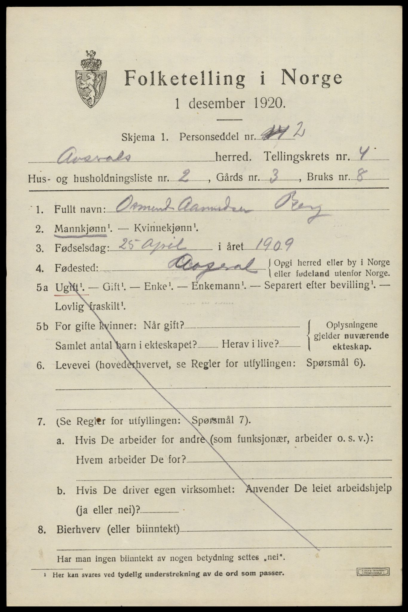 SAK, 1920 census for Åseral, 1920, p. 1214