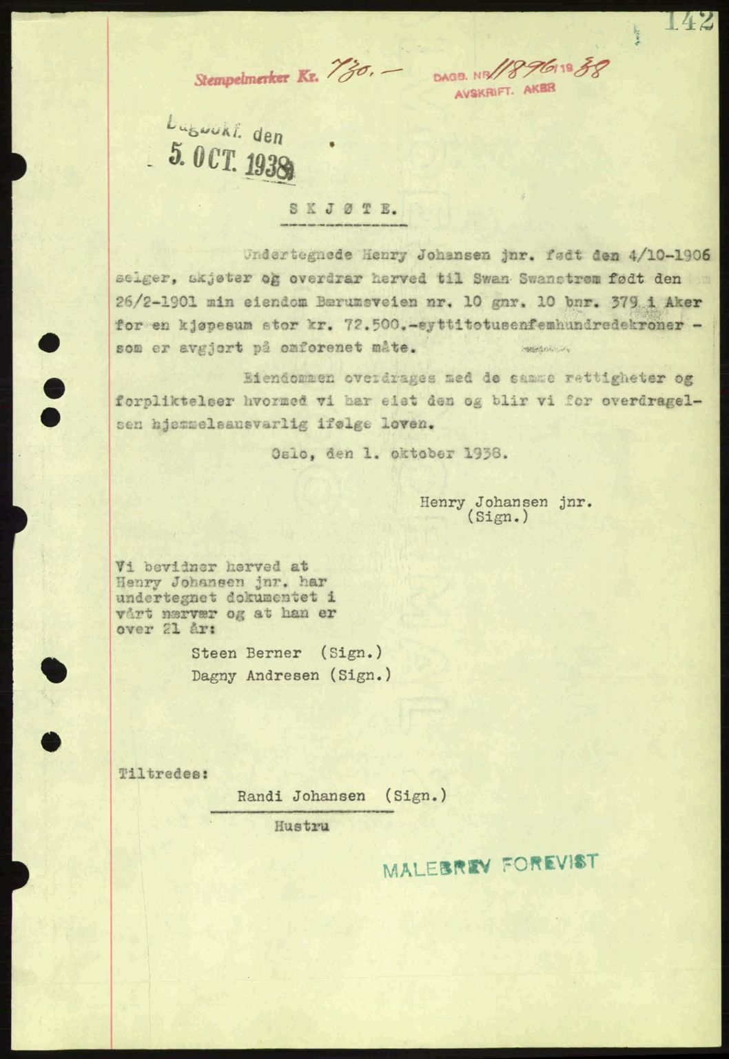 Aker herredsskriveri, SAO/A-10896/G/Gb/Gba/Gbab/L0025: Mortgage book no. A154-155, 1938-1938, Diary no: : 11896/1938