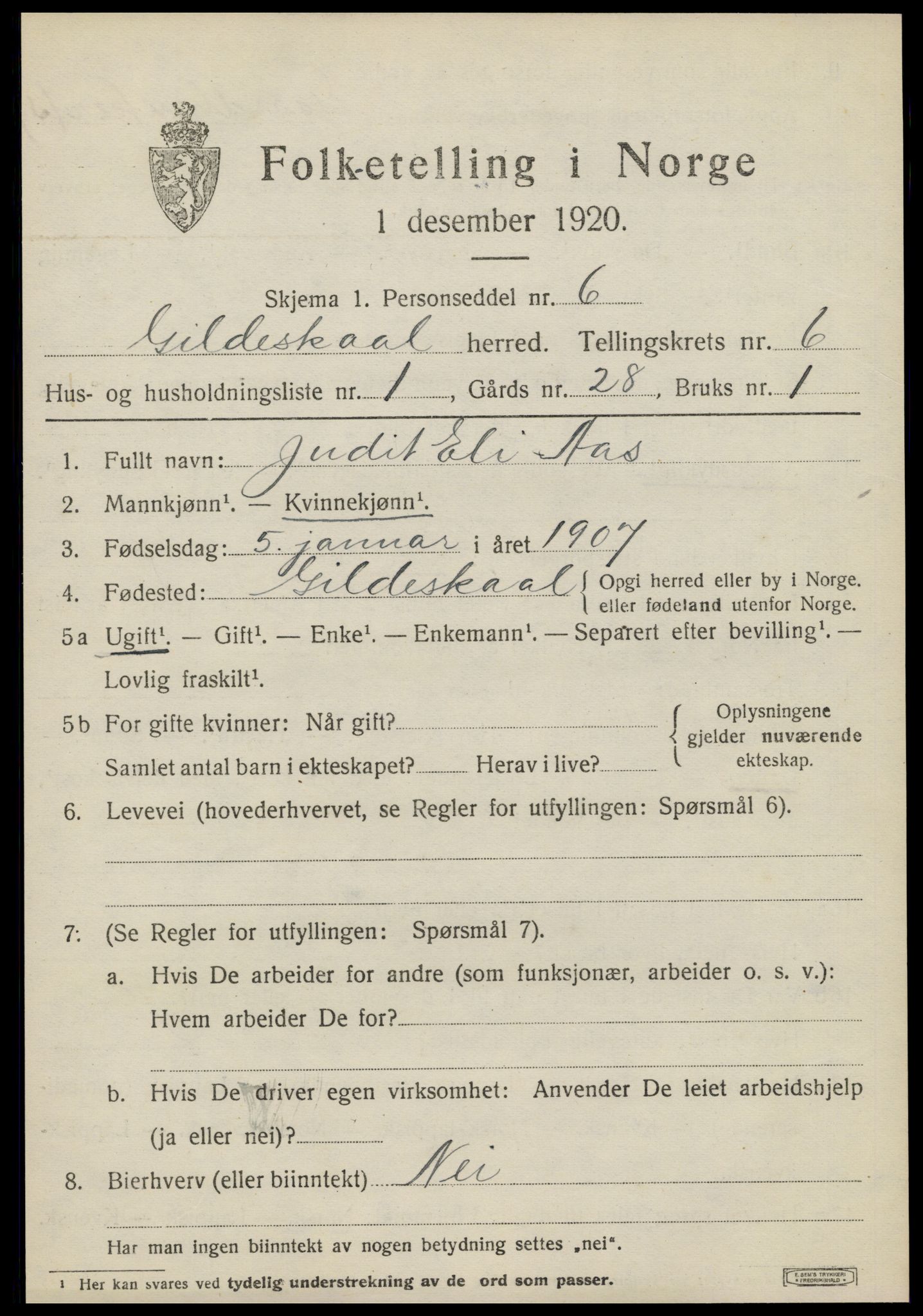 SAT, 1920 census for Gildeskål, 1920, p. 4838