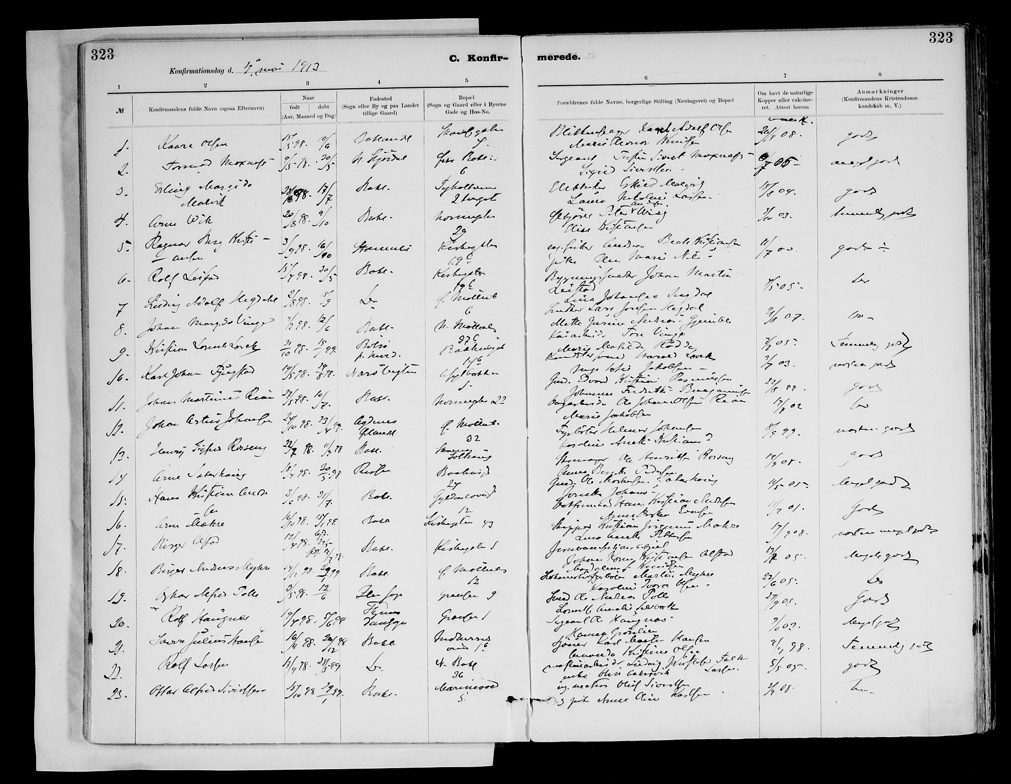 Ministerialprotokoller, klokkerbøker og fødselsregistre - Sør-Trøndelag, SAT/A-1456/604/L0203: Parish register (official) no. 604A23, 1908-1916, p. 323