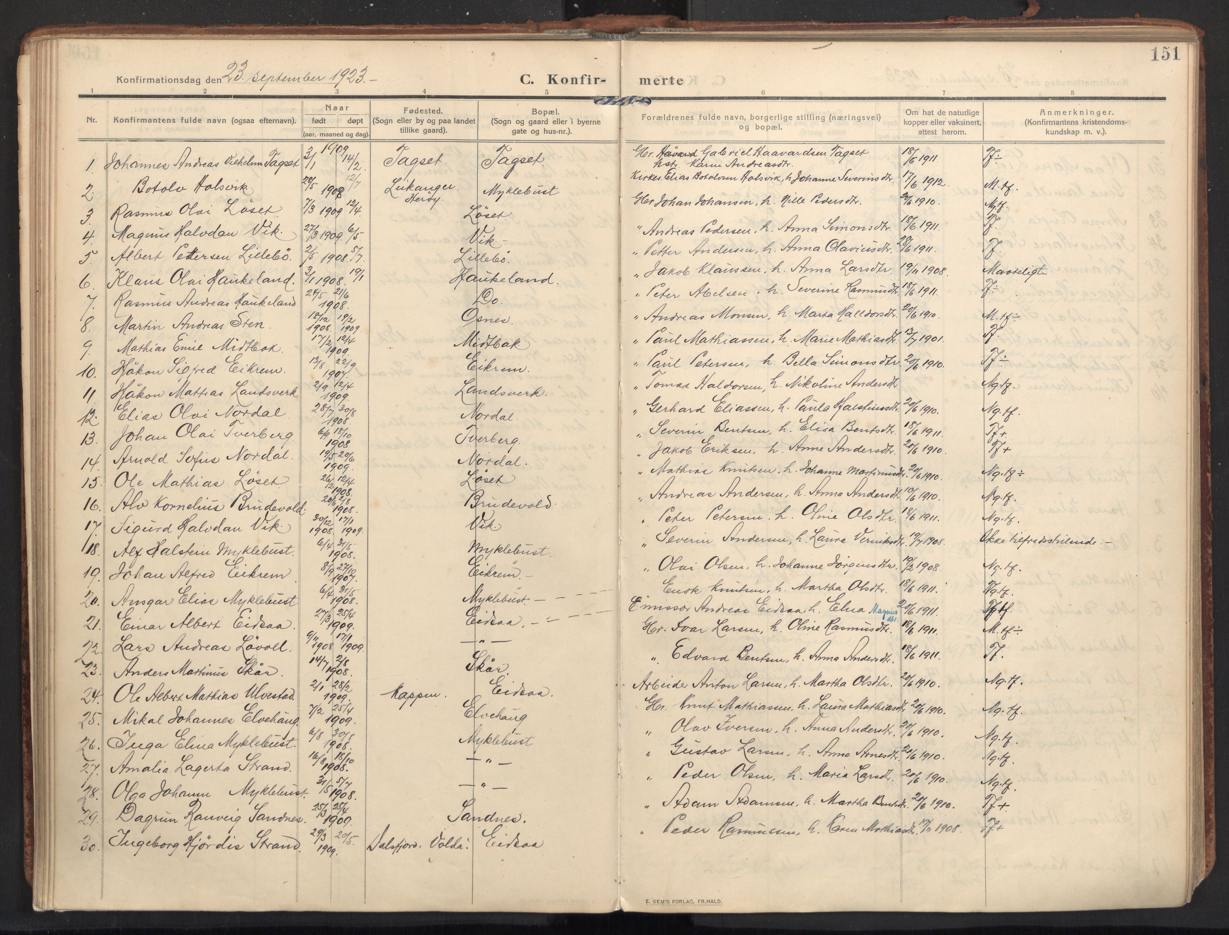 Ministerialprotokoller, klokkerbøker og fødselsregistre - Møre og Romsdal, AV/SAT-A-1454/502/L0026: Parish register (official) no. 502A04, 1909-1933, p. 151