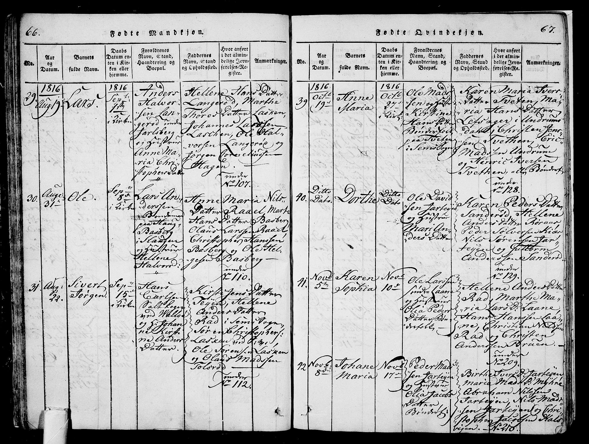 Sem kirkebøker, AV/SAKO-A-5/G/Ga/L0001: Parish register (copy) no. I 1, 1814-1825, p. 66-67