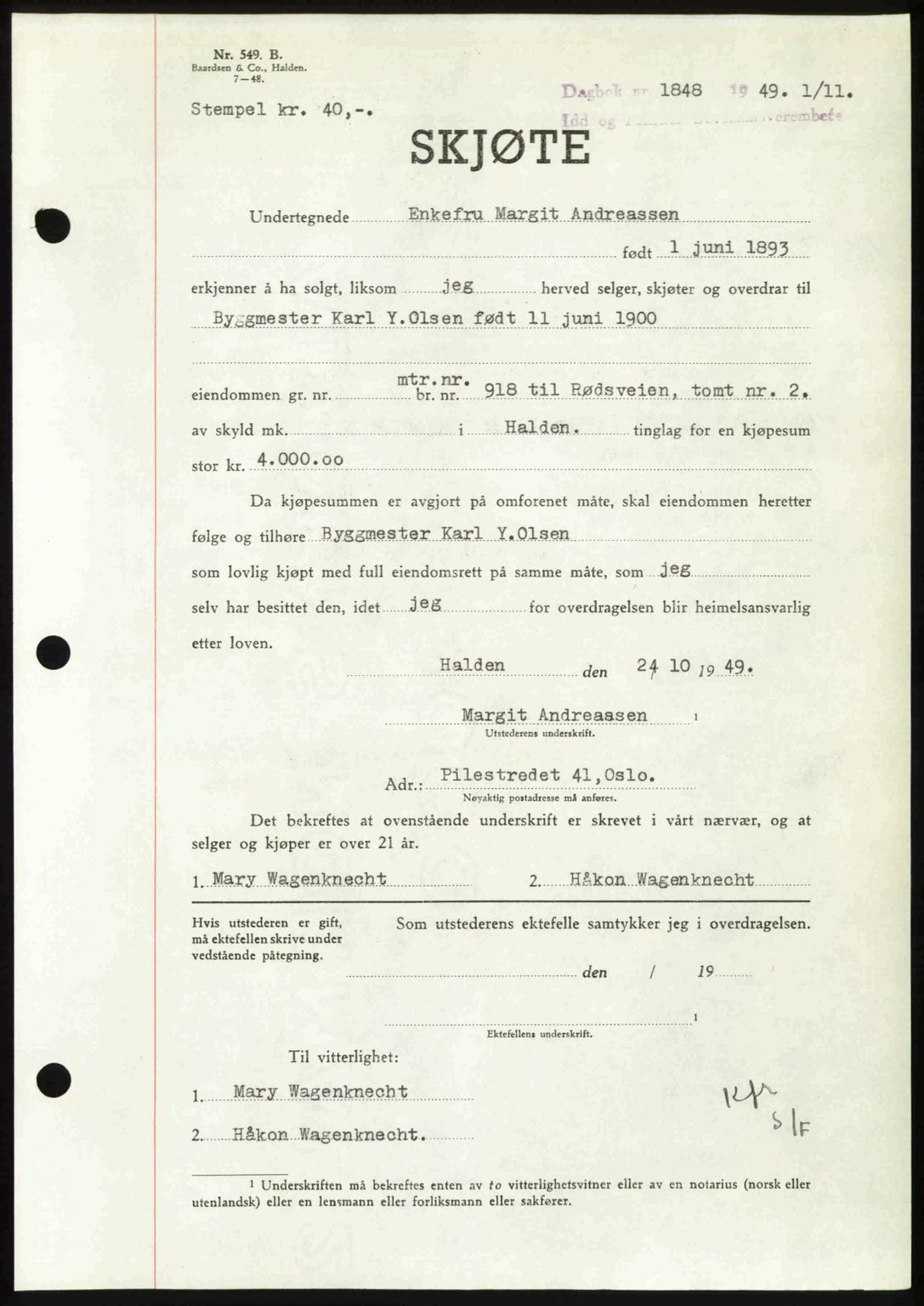 Idd og Marker sorenskriveri, AV/SAO-A-10283/G/Gb/Gbb/L0013: Mortgage book no. A13, 1949-1950, Diary no: : 1848/1949