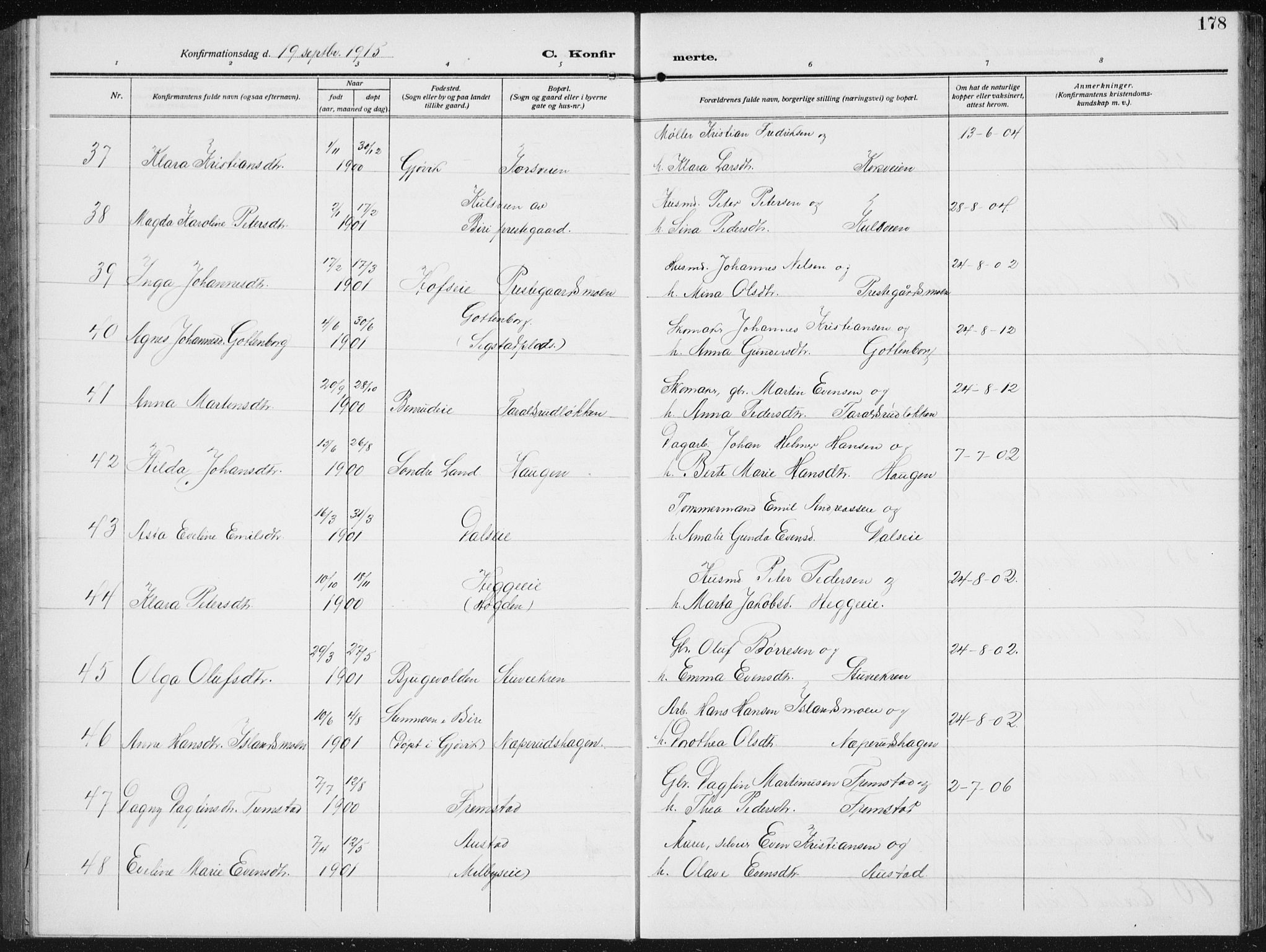 Biri prestekontor, AV/SAH-PREST-096/H/Ha/Hab/L0006: Parish register (copy) no. 6, 1909-1938, p. 178