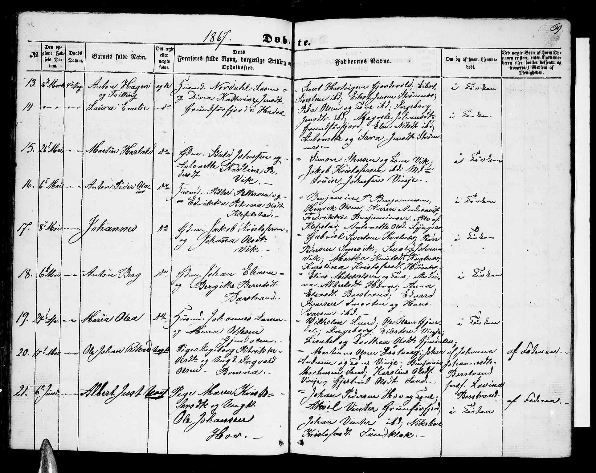 Ministerialprotokoller, klokkerbøker og fødselsregistre - Nordland, AV/SAT-A-1459/876/L1102: Parish register (copy) no. 876C01, 1852-1886, p. 69