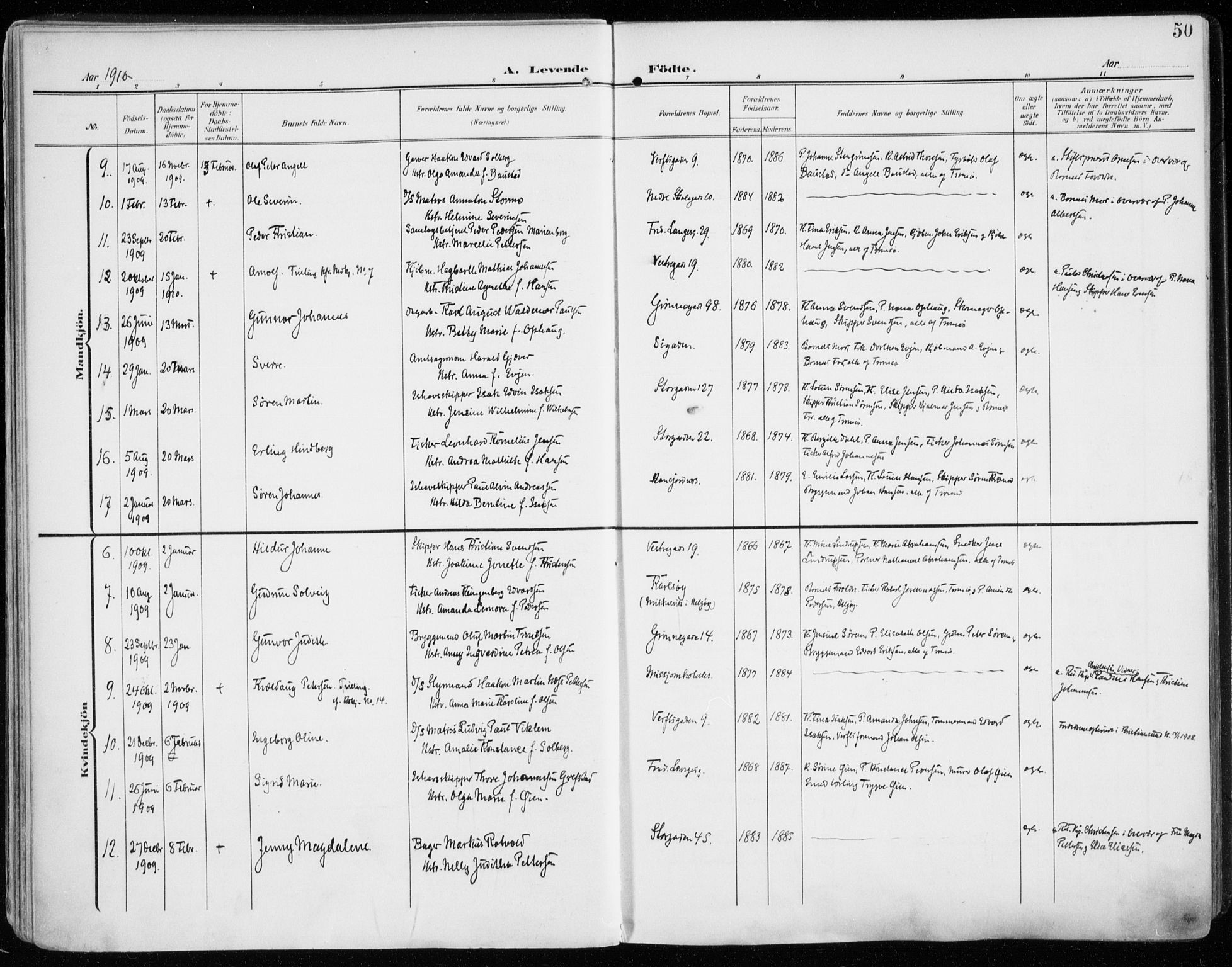 Tromsø sokneprestkontor/stiftsprosti/domprosti, SATØ/S-1343/G/Ga/L0017kirke: Parish register (official) no. 17, 1907-1917, p. 50