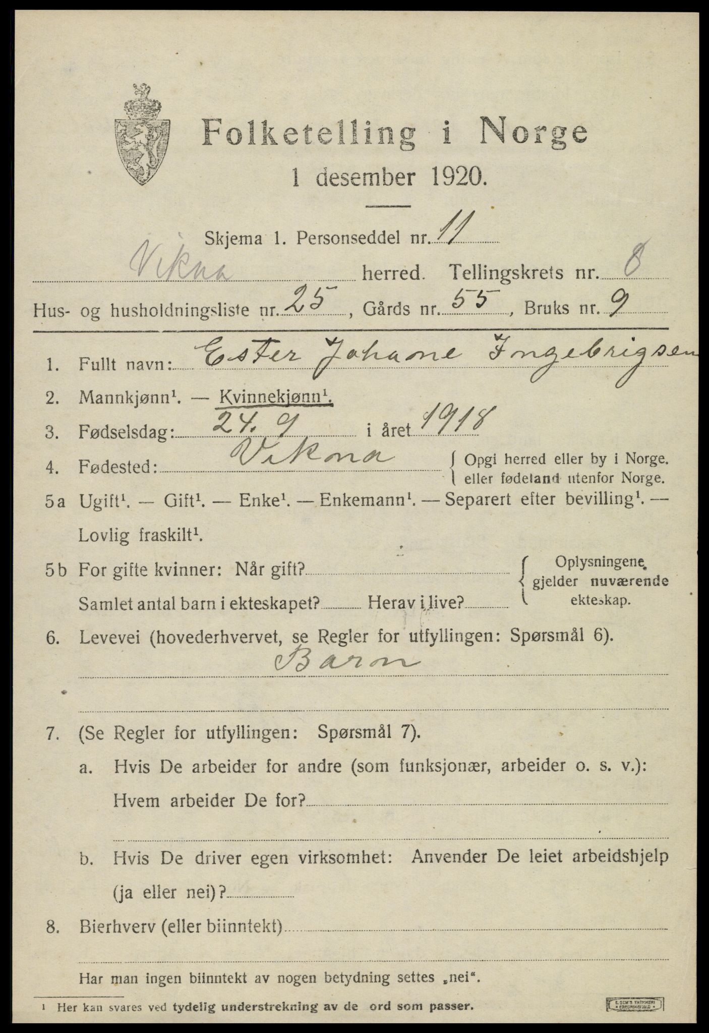 SAT, 1920 census for Vikna, 1920, p. 6313