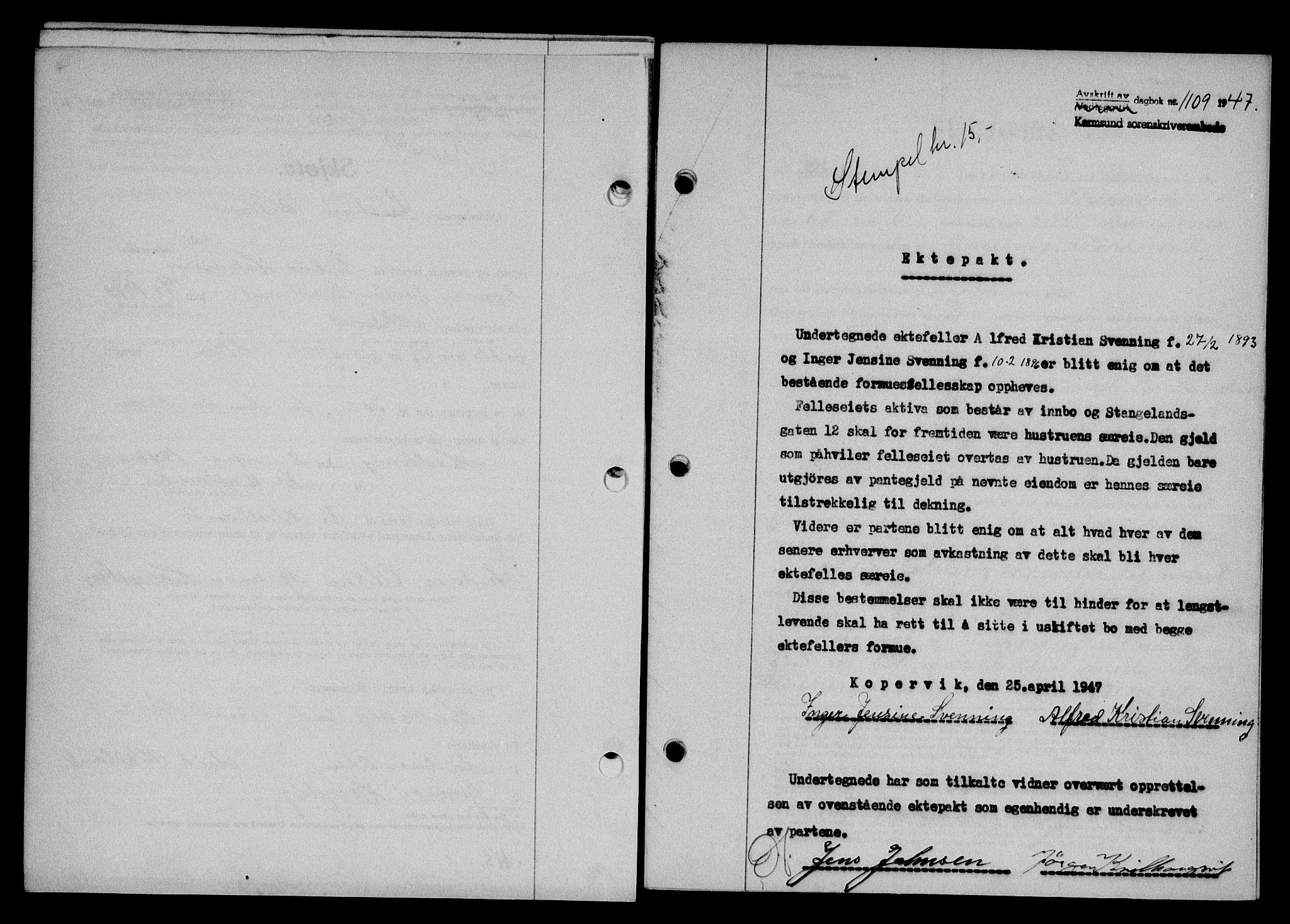 Karmsund sorenskriveri, AV/SAST-A-100311/01/II/IIB/L0089: Mortgage book no. 69A, 1947-1947, Diary no: : 1109/1947