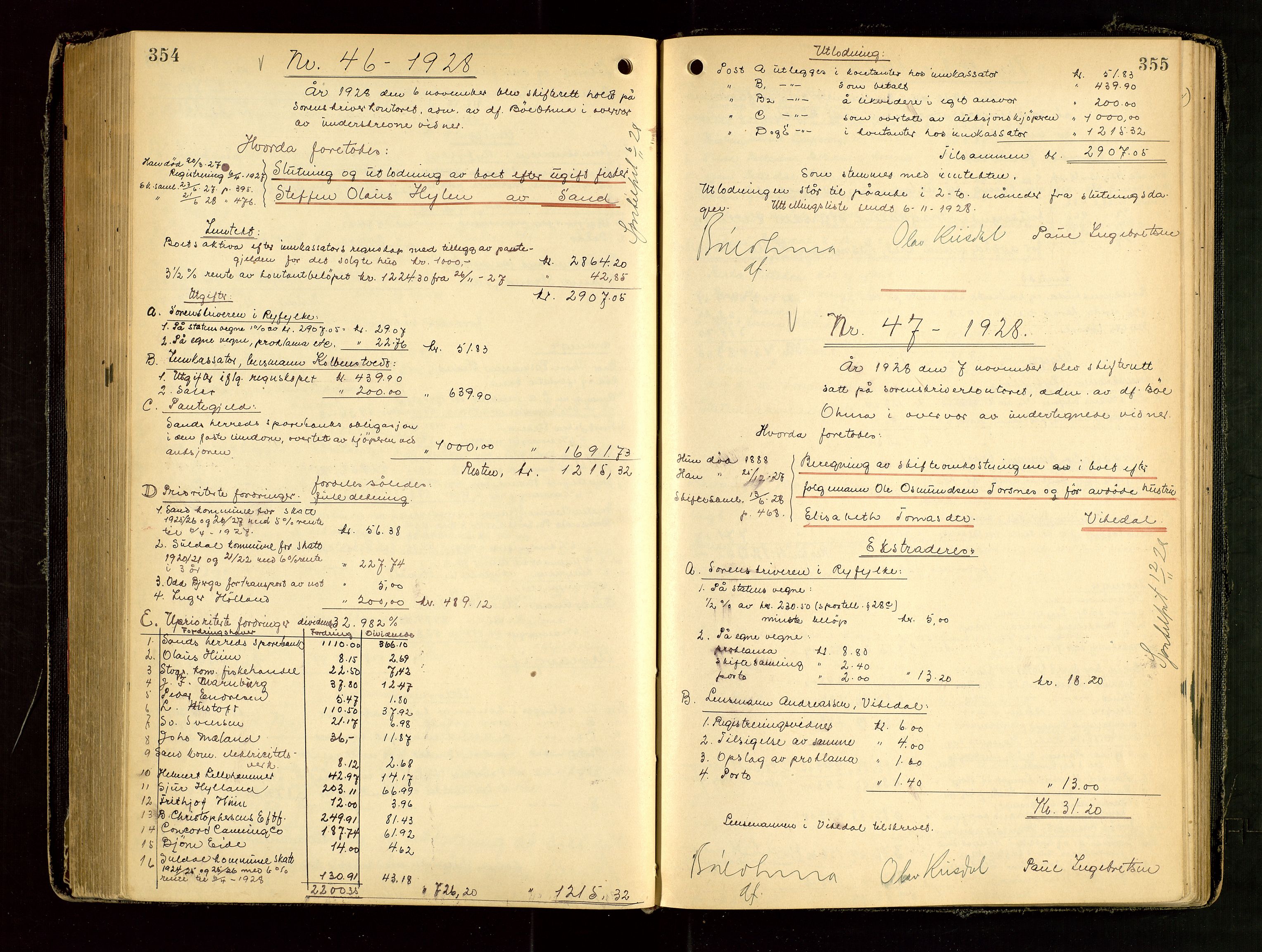 Ryfylke tingrett, AV/SAST-A-100055/001/IV/IVG/L0006: Skifteutlodningsprotokoll Med register, 1924-1929, p. 354-355