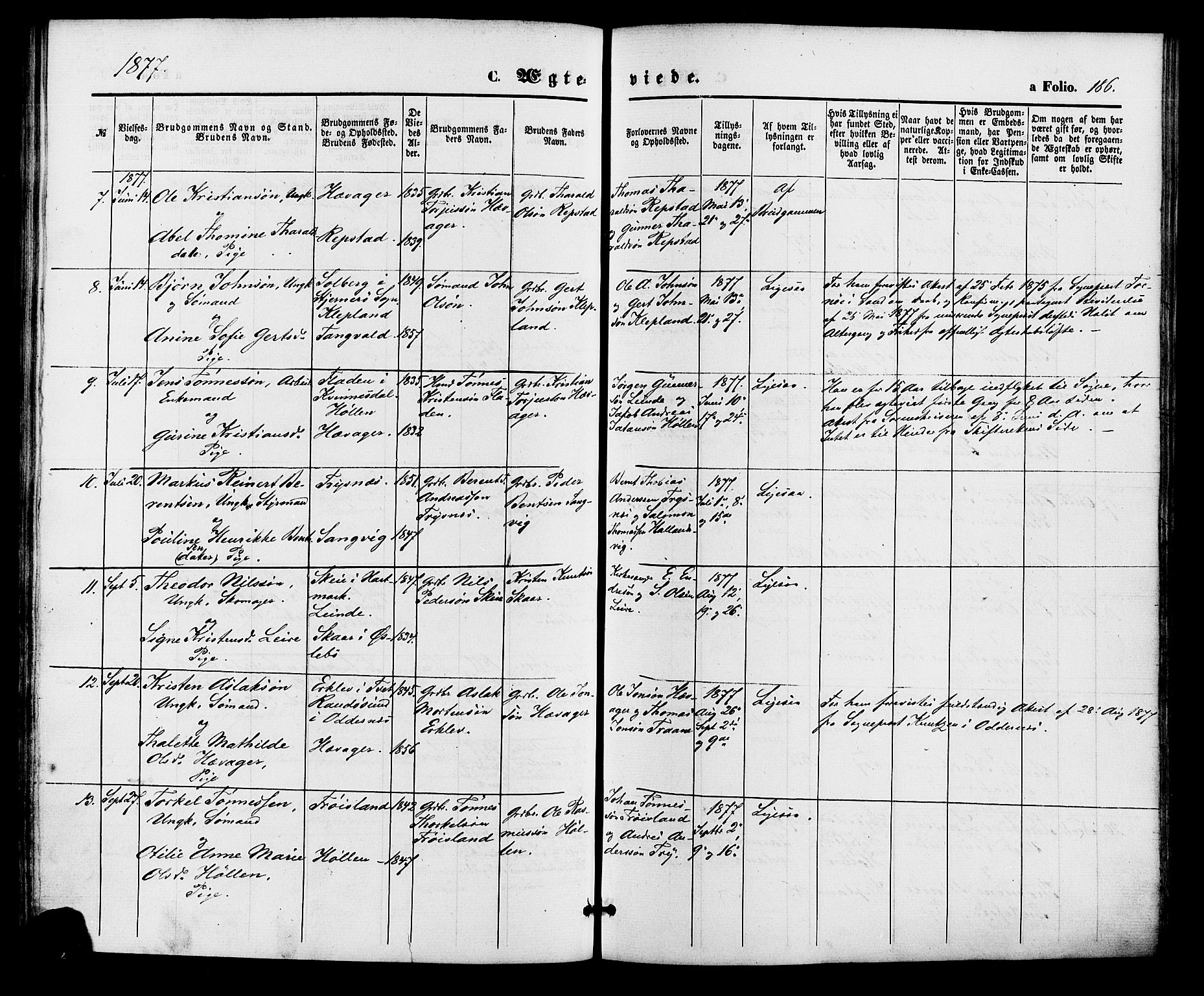 Søgne sokneprestkontor, SAK/1111-0037/F/Fa/Fab/L0011: Parish register (official) no. A 11, 1869-1879, p. 186