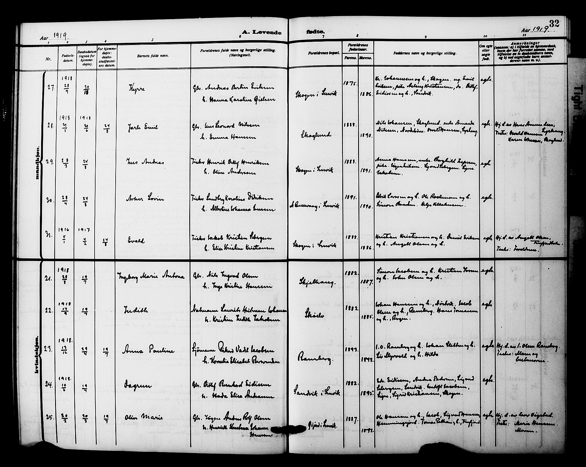 Tranøy sokneprestkontor, AV/SATØ-S-1313/I/Ia/Iab/L0023klokker: Parish register (copy) no. 23, 1913-1928, p. 32